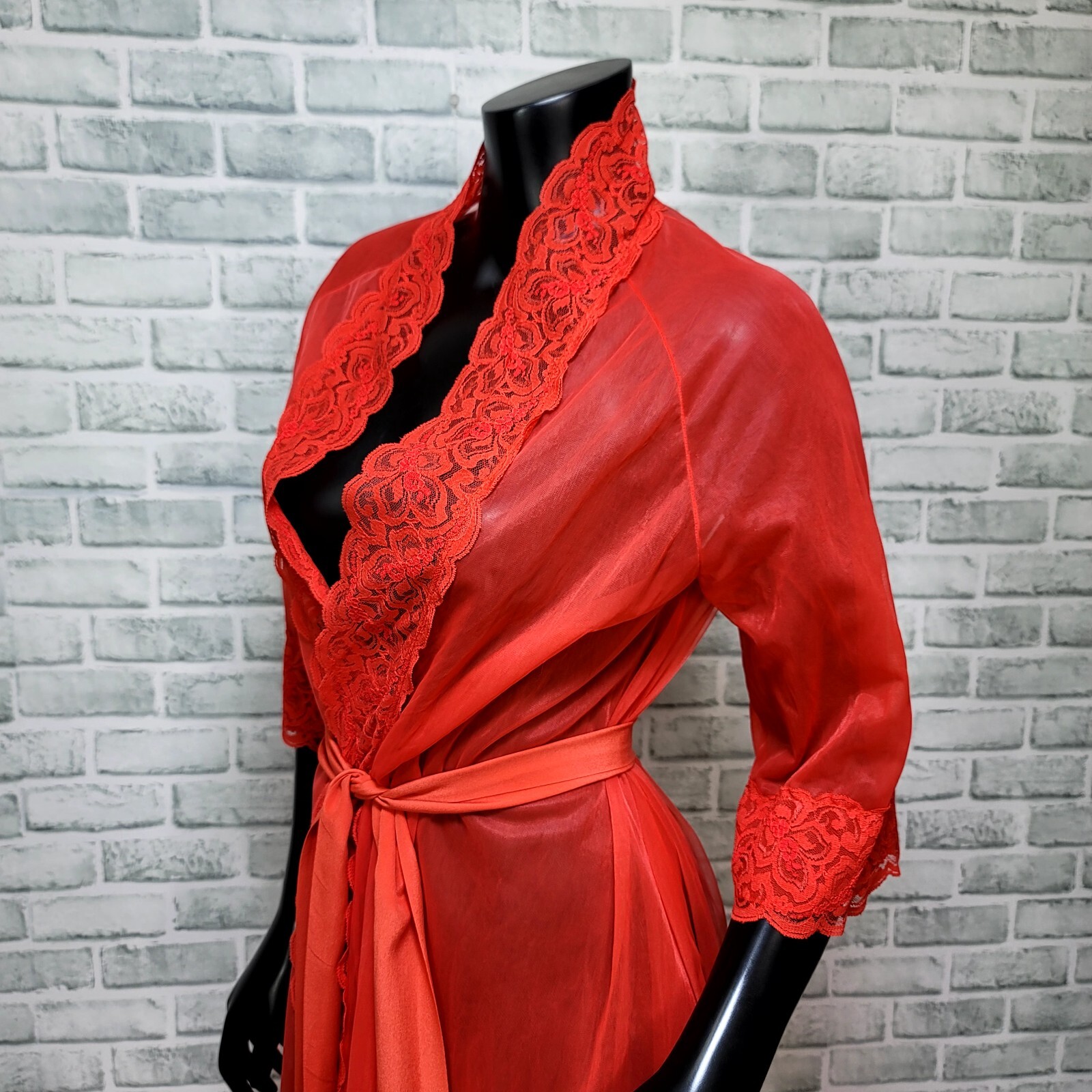 Vintage 70s CHIC Lingerie Size S Red Nylon Full Length Lace Trim Robe Glam
