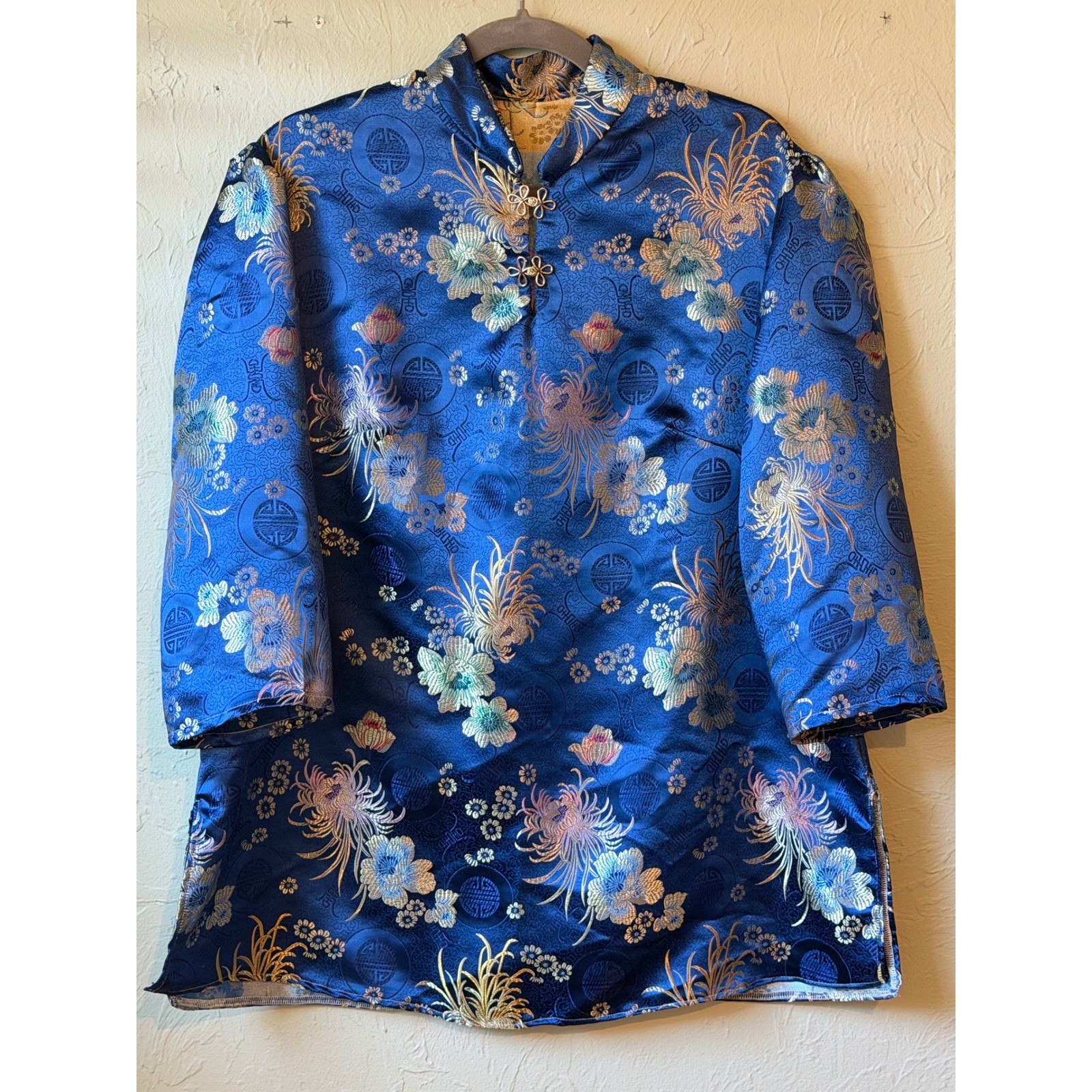 Vintage Blue Floral Satin Brocade Mandarin Collar Frog Closure Tunic Top L