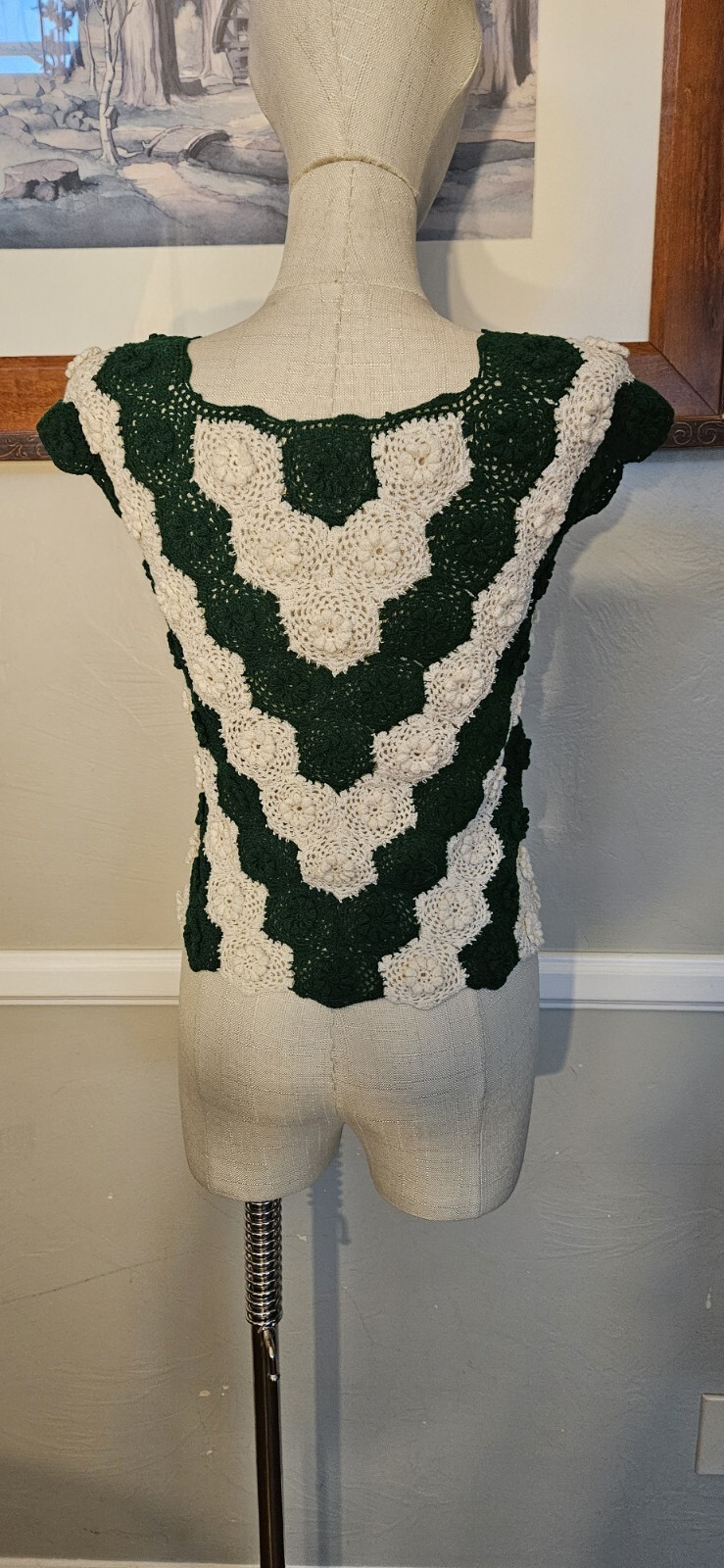 Vintage Green And Cream Handmade Crochet Top As Pictured
