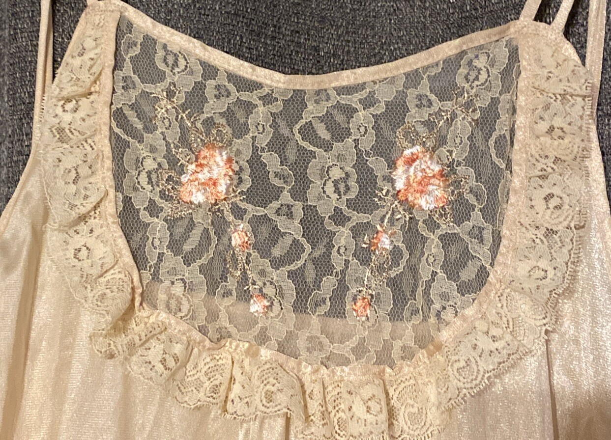 Vintage Mistra Nightgown long Beige Nylon Lace Bodice Size Medium Sexy
