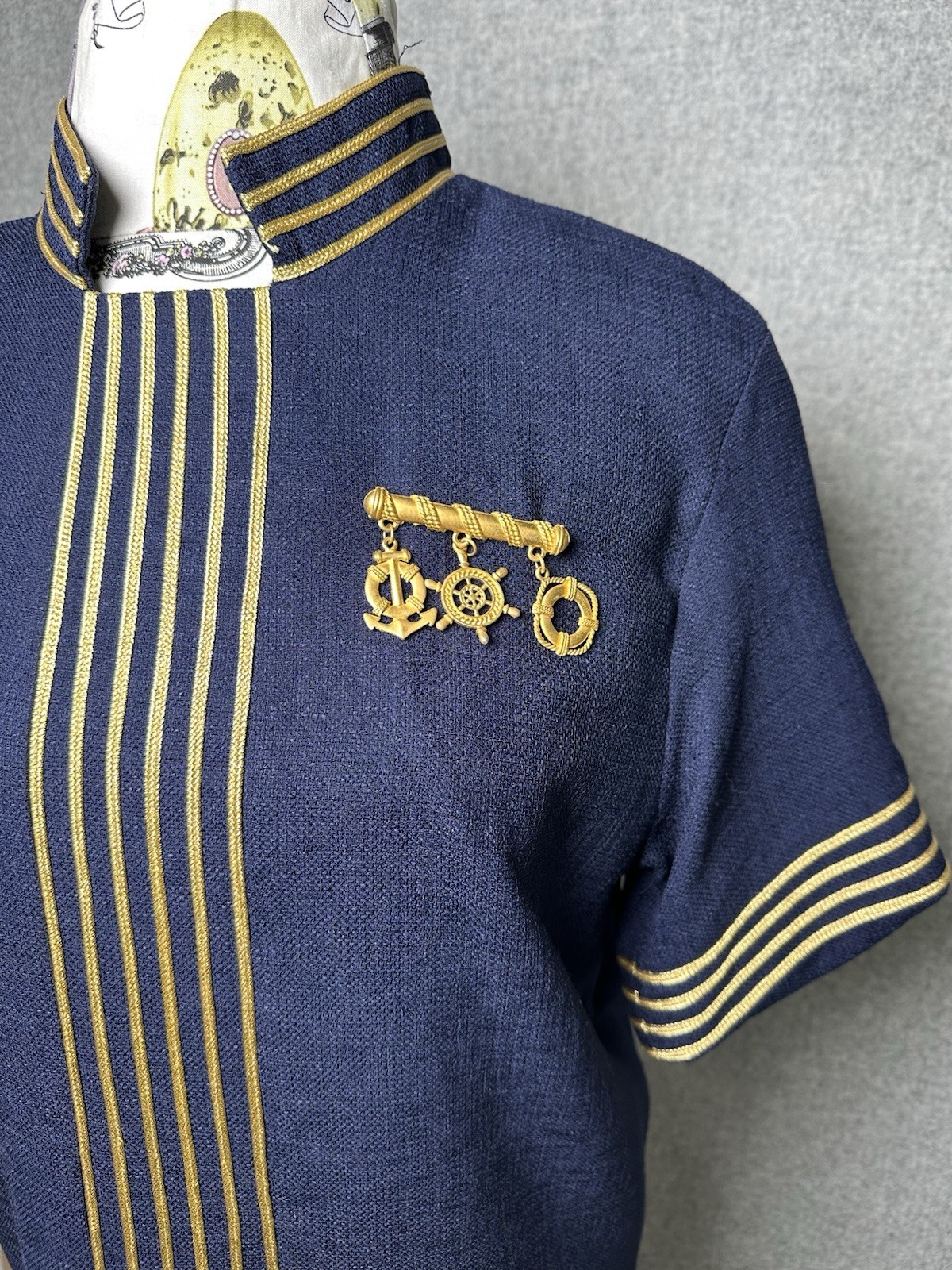 Vintage Junniette Size 6 Navy Blue Gold Womens Dress Sailor Nautical Stewardess