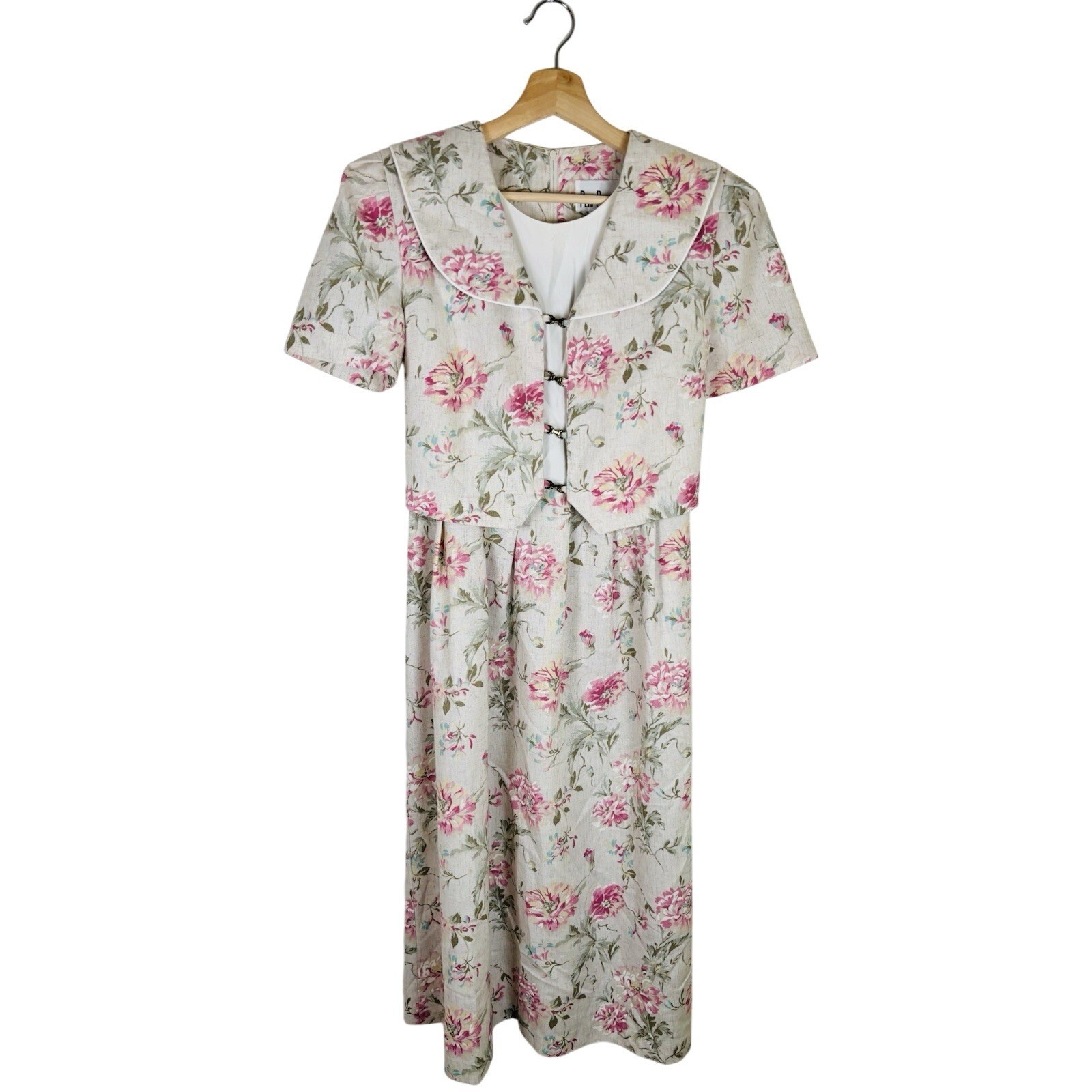 Vintage Peri Petites Dress Womens 10P Flax Blend Pink Floral Cottage Midi Dress