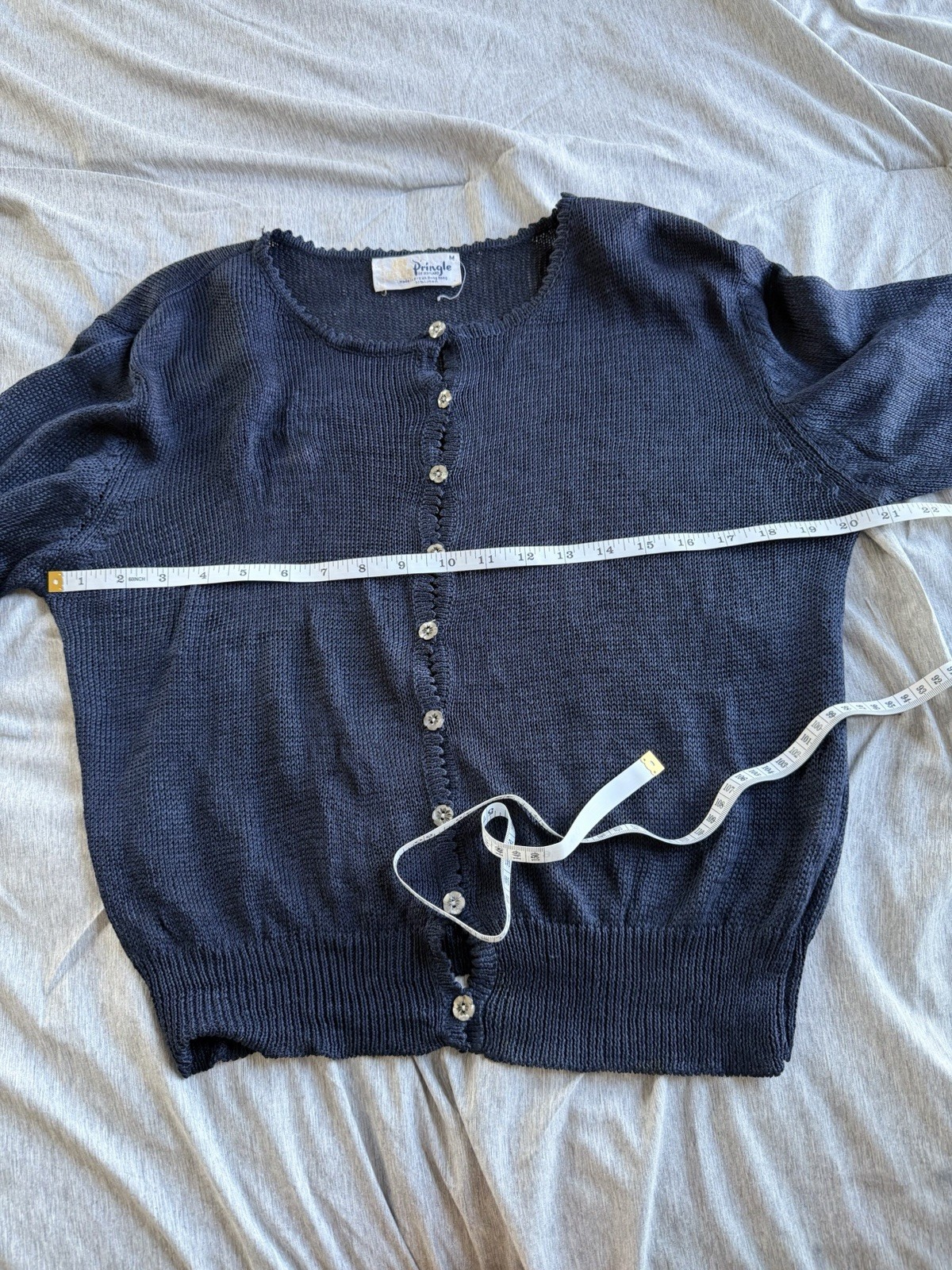 Pringle of Scotland 100% Linen Navy Sweater Cardigan M Open Knit Preppy Vintage