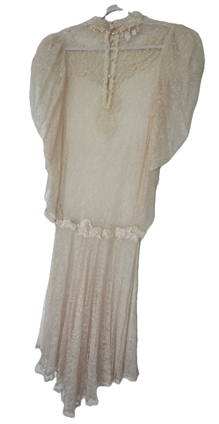 VTG Lorrie Kabala Lace Victorian Pearl Puff Sleeve Drop Waist Mermaid Dress 14