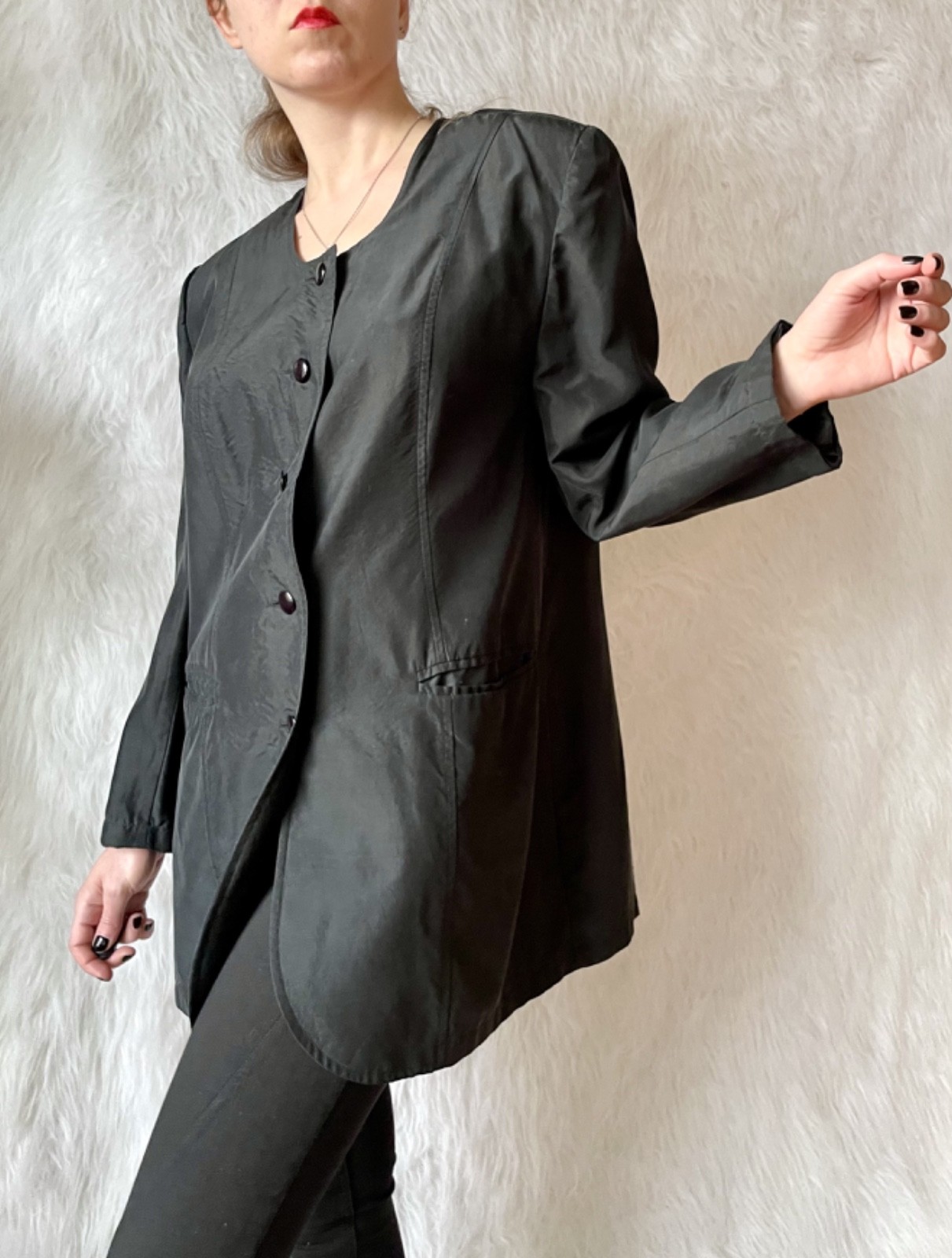 Vtg 80s Jacket 100% Silk Black Jacket Bold Shoulders European Fashion Minimalism