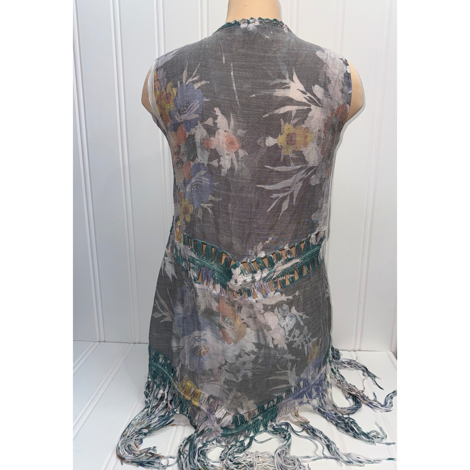 Lapis Floral Fringe Vest Womens Medium Blue Crochet Boho Festival Layering Swim