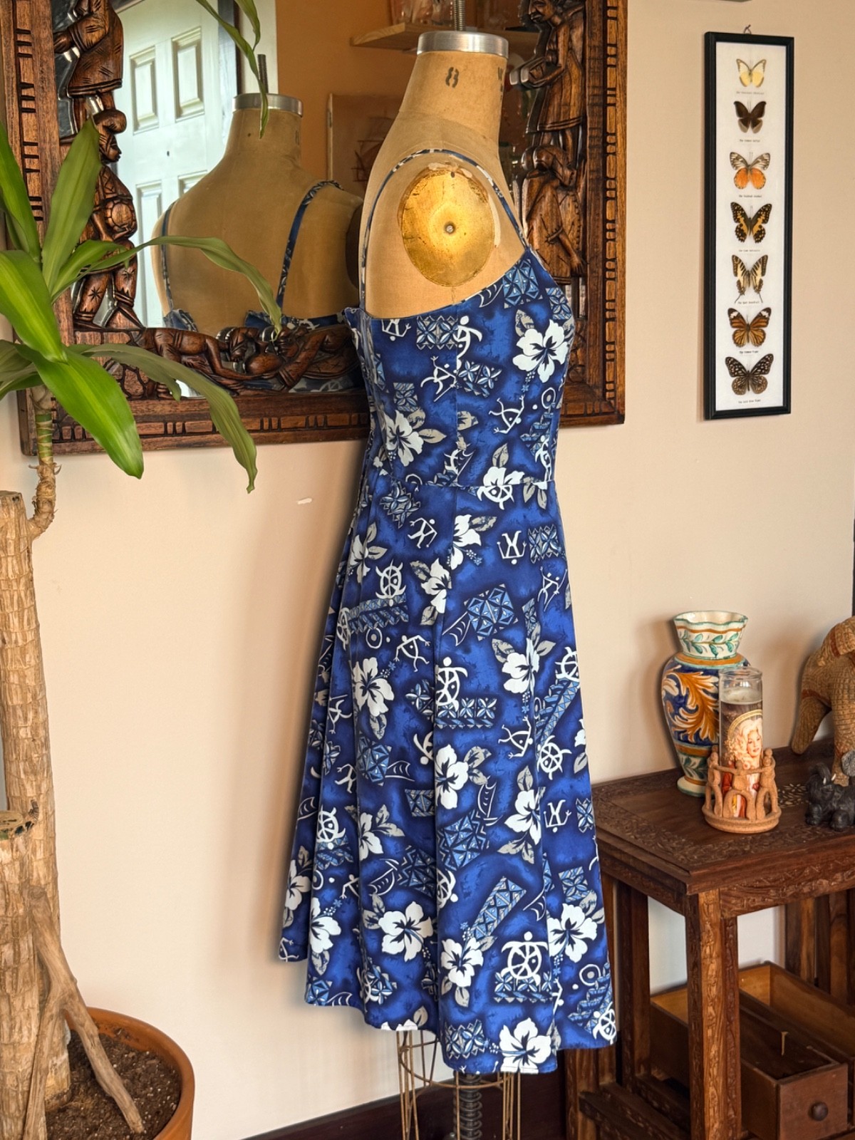 Vintage Handmade 60s Style Blue Hawaiian Print Sundress Size XS