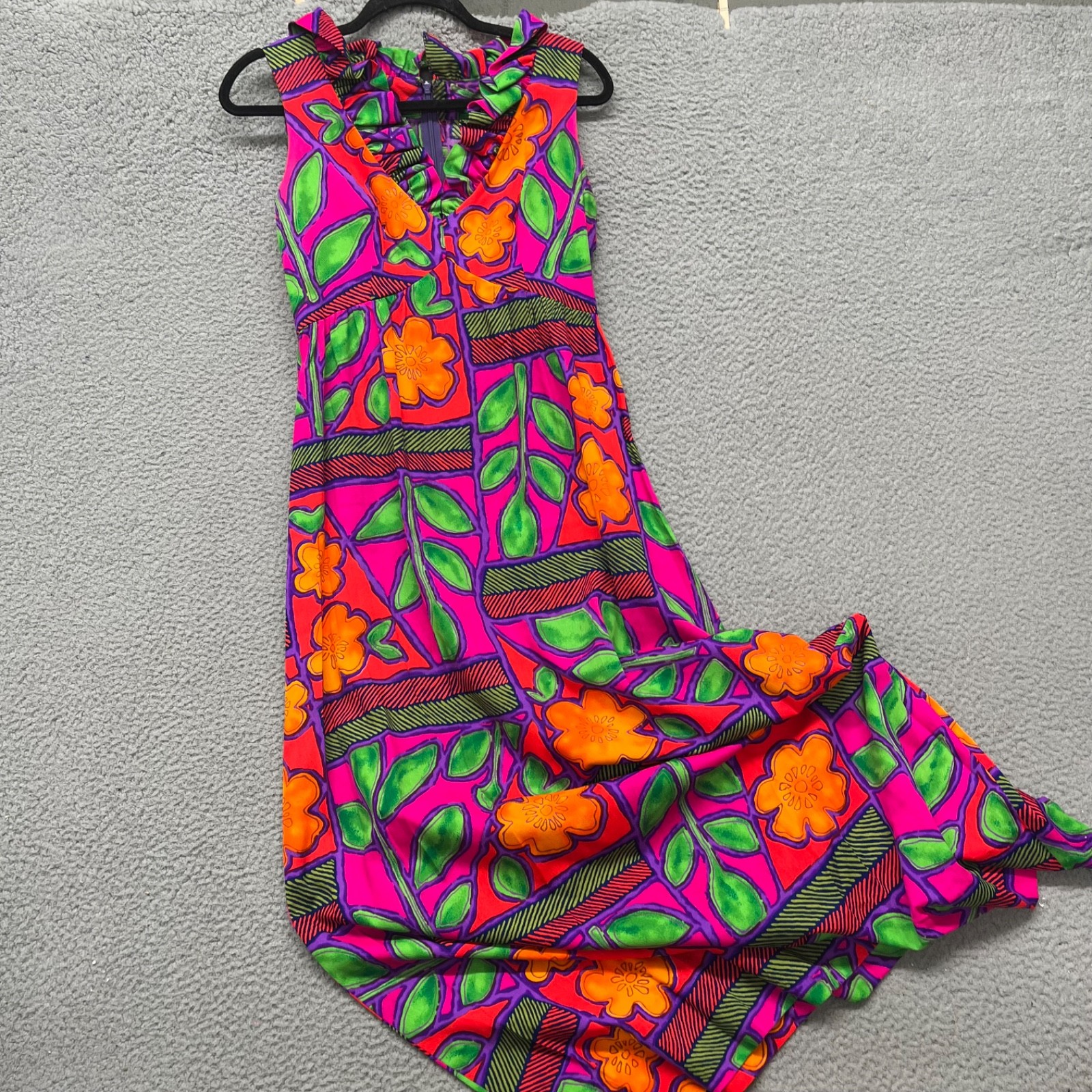 Vtg Dress Womens S Colorful Ruffle V Neck Floral Bark Cloth Tropical Hawaiian