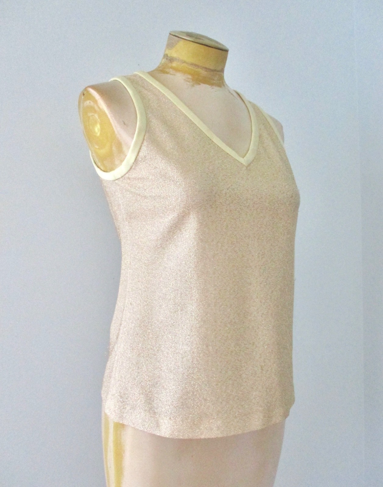 Vtg 60s 70s sparkly gold glam metallic v-neck tunic disco top eveningwear M