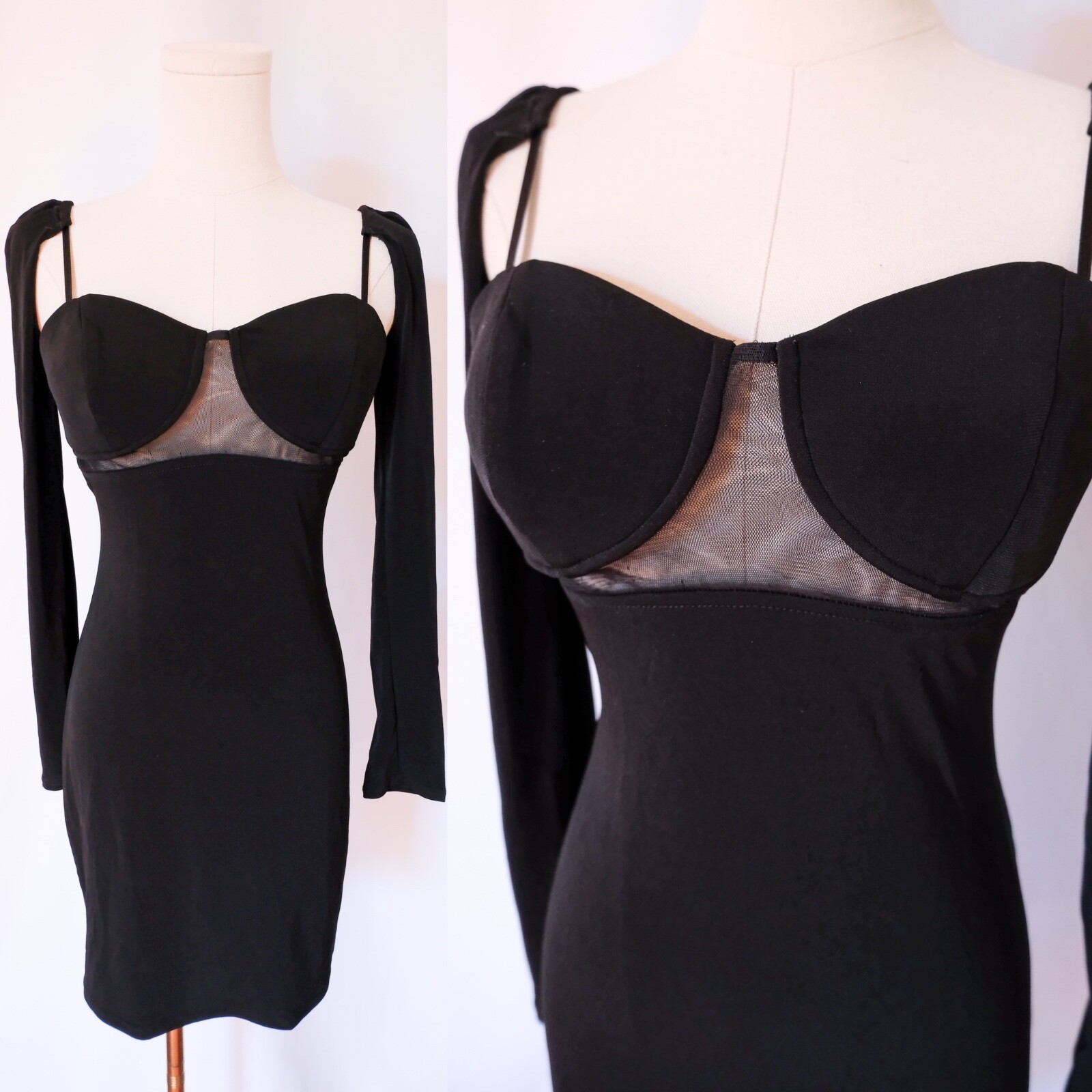 Vintage 90s Sheer Mesh Cut Out Bandage Bodycon Black Mini Dress Club Sexy XS/S