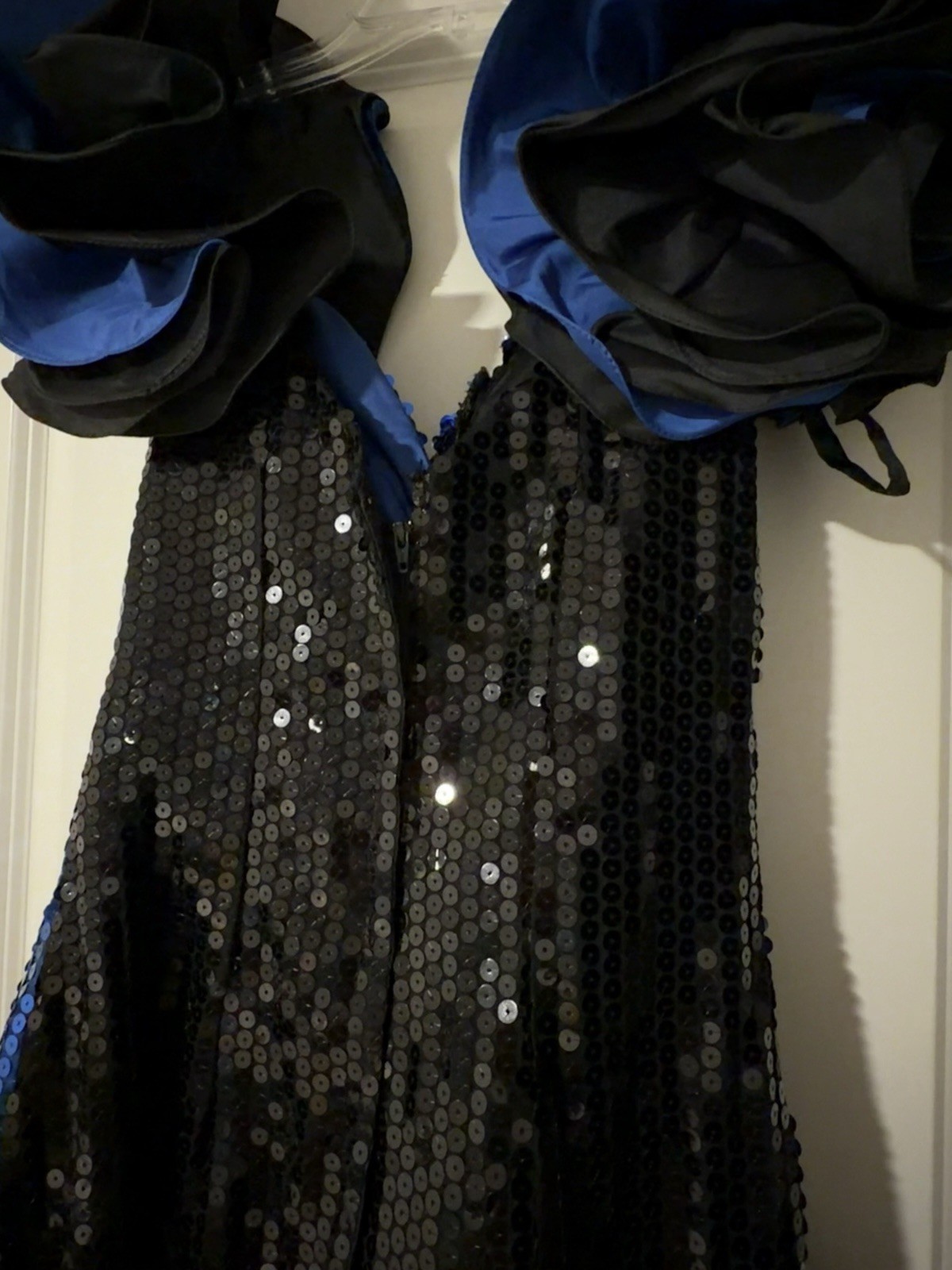 Vintage Alyce Designs Sequin Taffeta Blue Black Ruffle Sleeve Dress 80s 90s Y2k