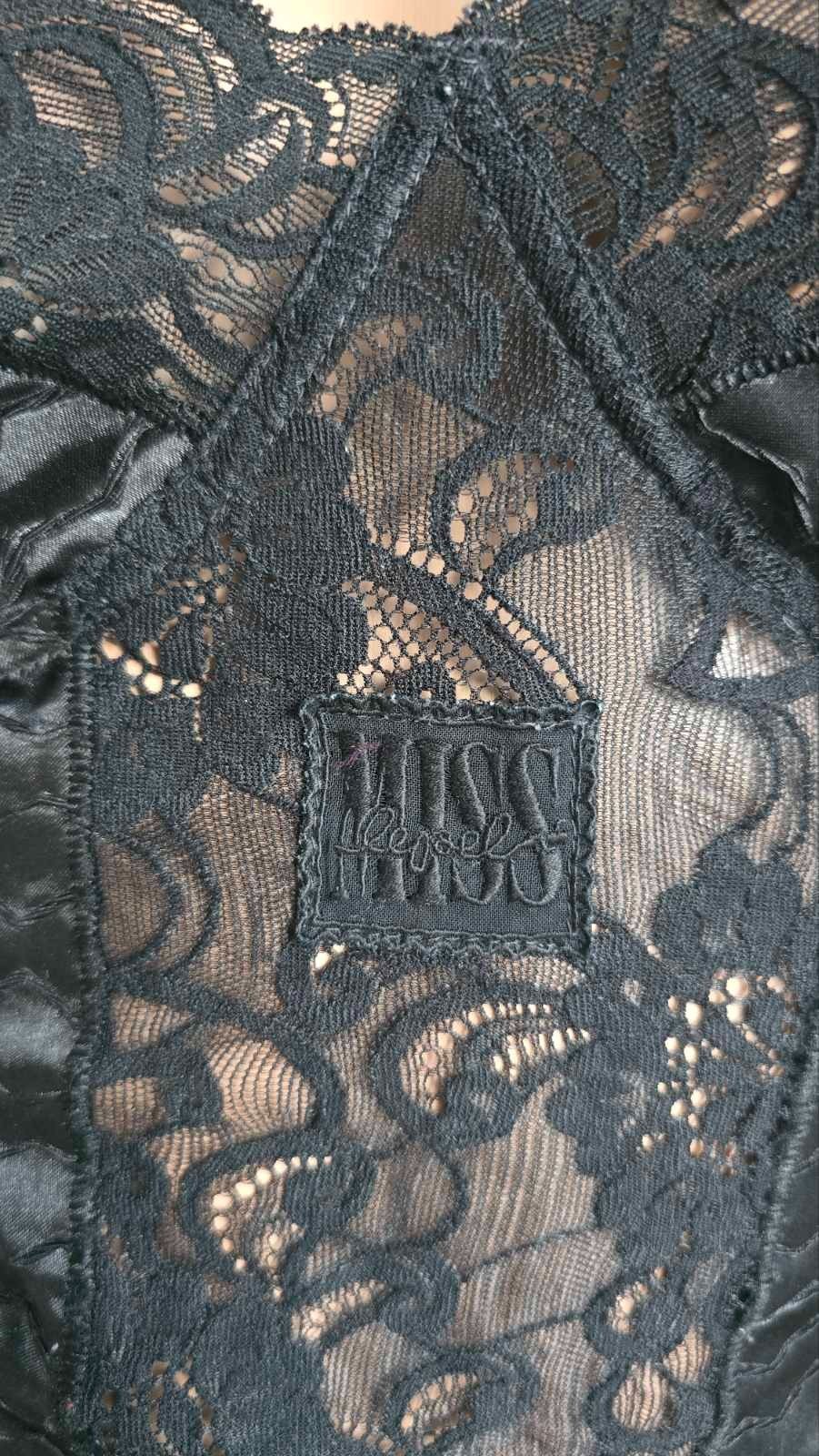 Vintage 80s MISS LEPEL Black Bodysuit Nylon Blend Guipure Inserts. Size 3