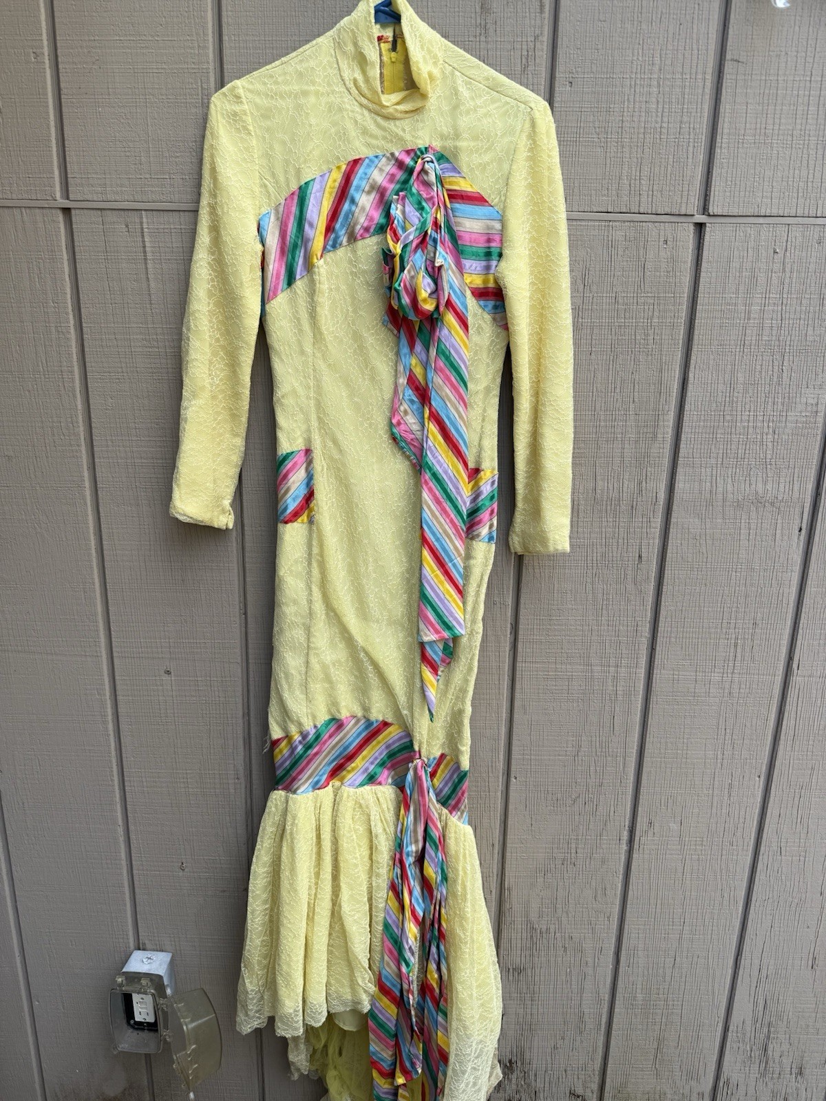 Vintage 1970s Lemon Yellow Lace With Rainbow Ribbon Dress XS Whimsical Costume