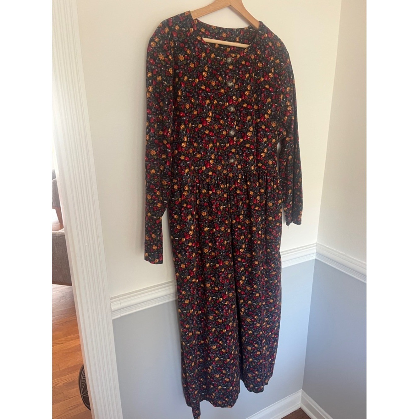 Vtg Country Trad Wife Floral Maxi Dress Large Long Sleeve Corduroy Cotton