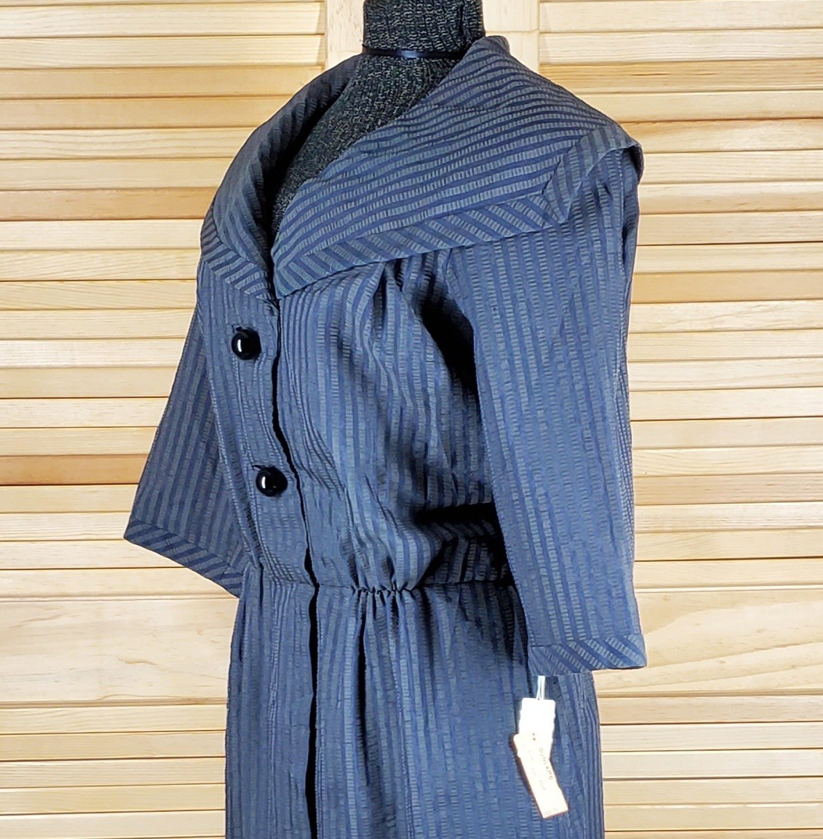 Vtg 50s 60s dress Georgia Bullock designer Size L chest 22 striped blue grey