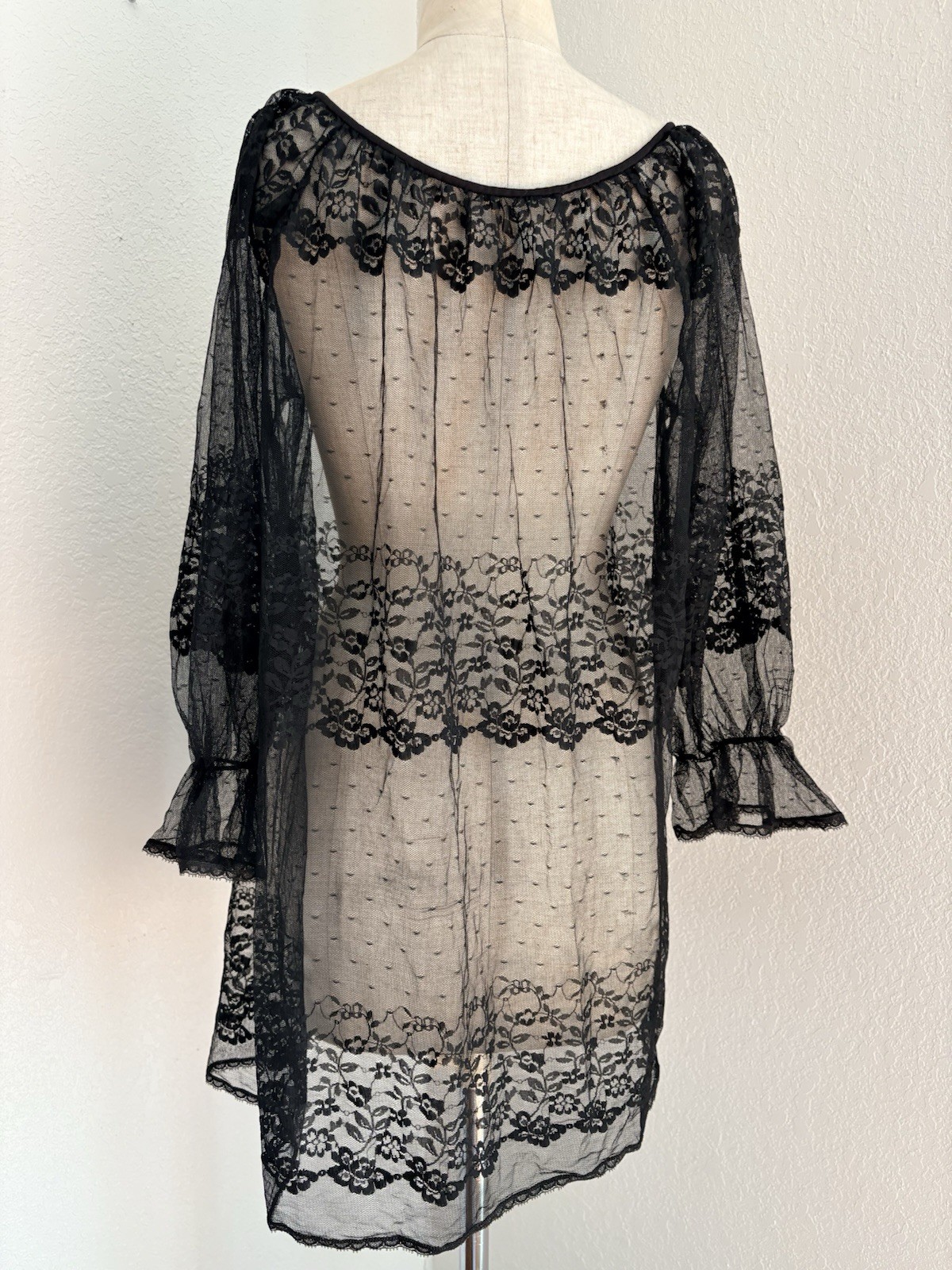 VTG 50s 60s Black Unbranded Peignoir Robe SML Sheer Nylon Lace Chiffon Front Tie