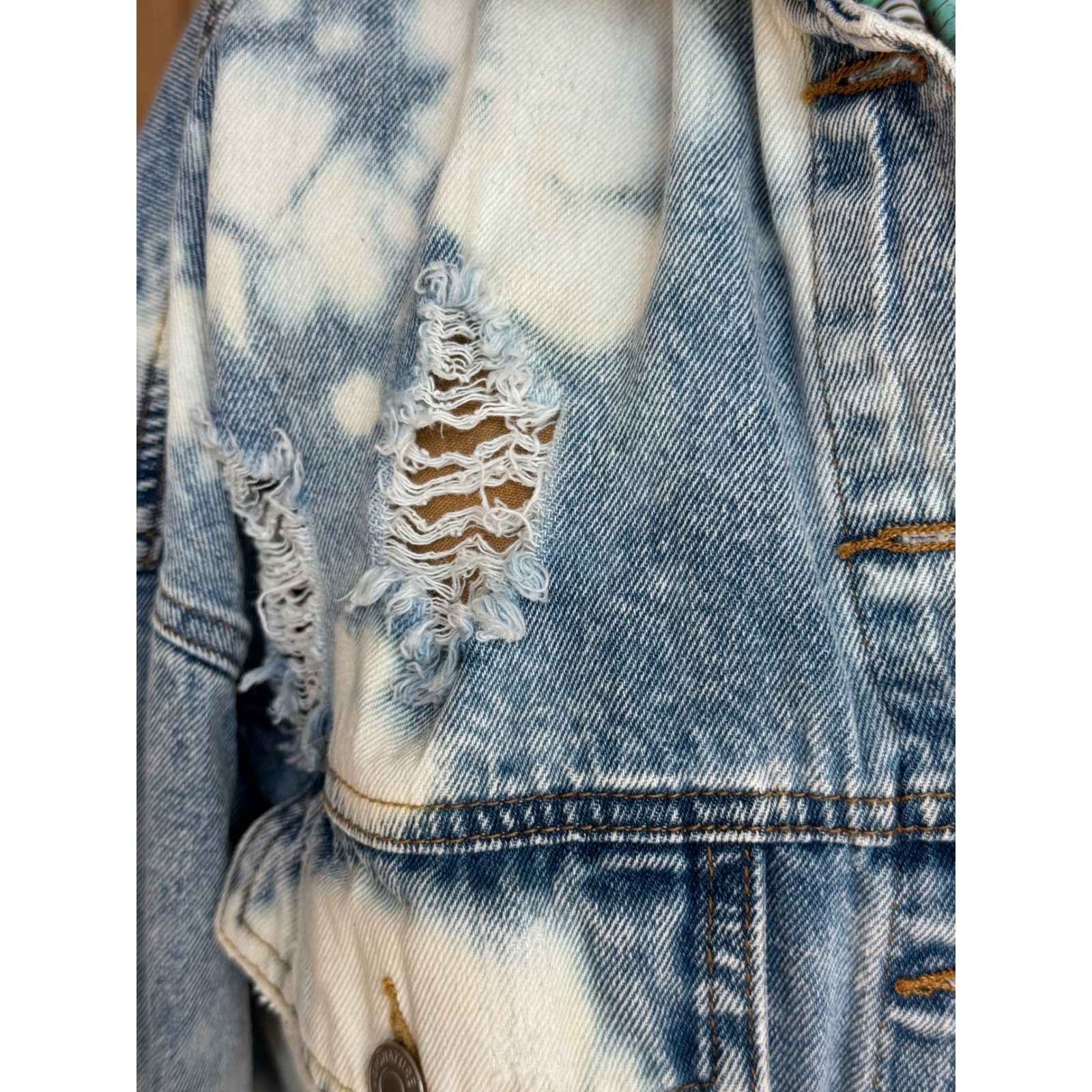 OOAK Distressed Bleached Denim Sacred Heart Lotus Cropped Jacket M