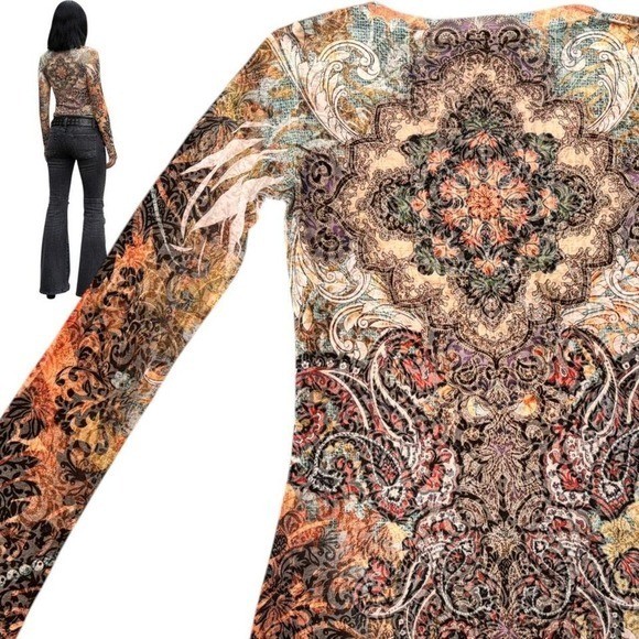 🎨DEADSTOCK Y2K EURO STYLE Stained Glass INTRICATE Bling Top – XL (Fits M/L)