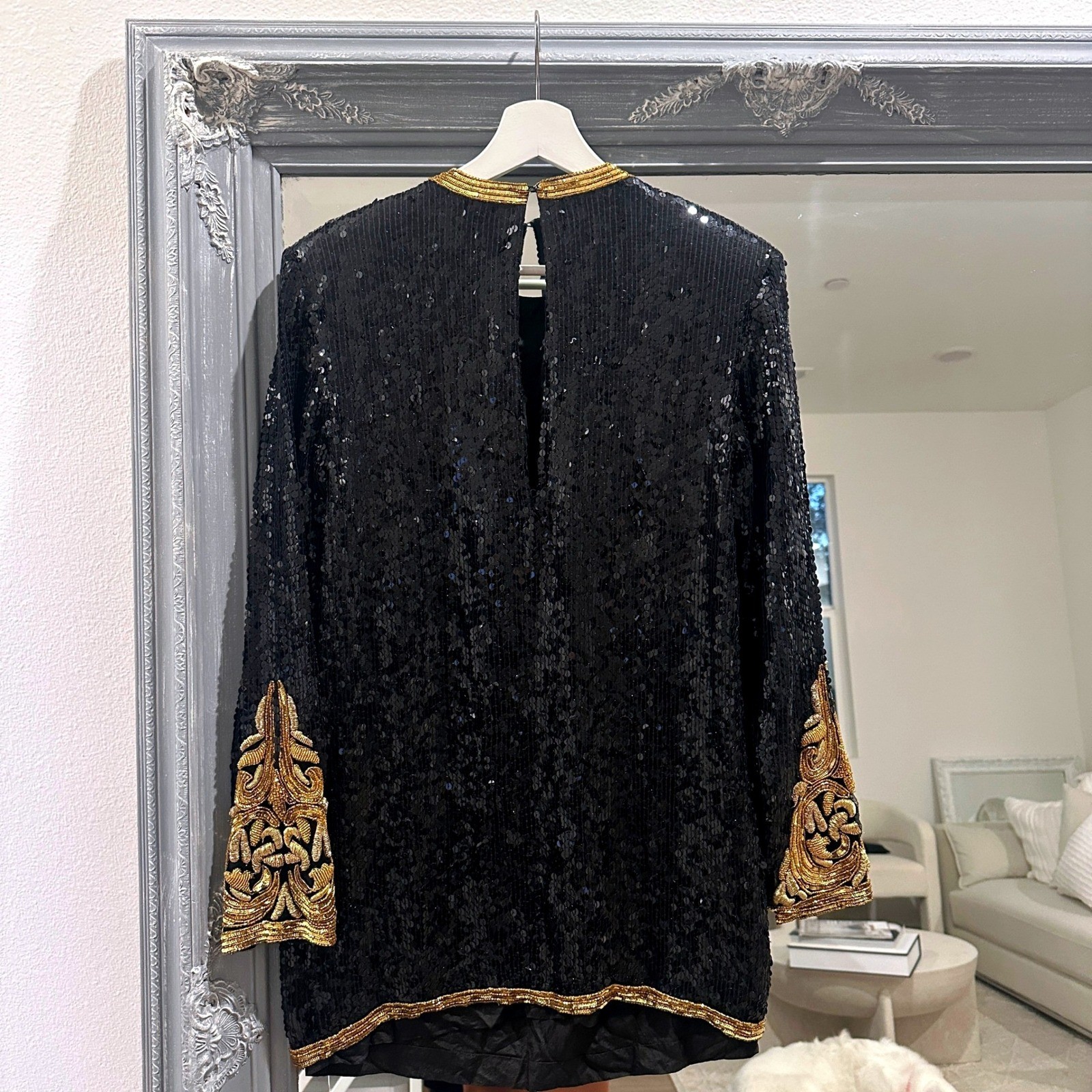 Vintage 80s 100% Silk Oleg Cassini Sequined Gold Beaded Embellished Boho Dress S