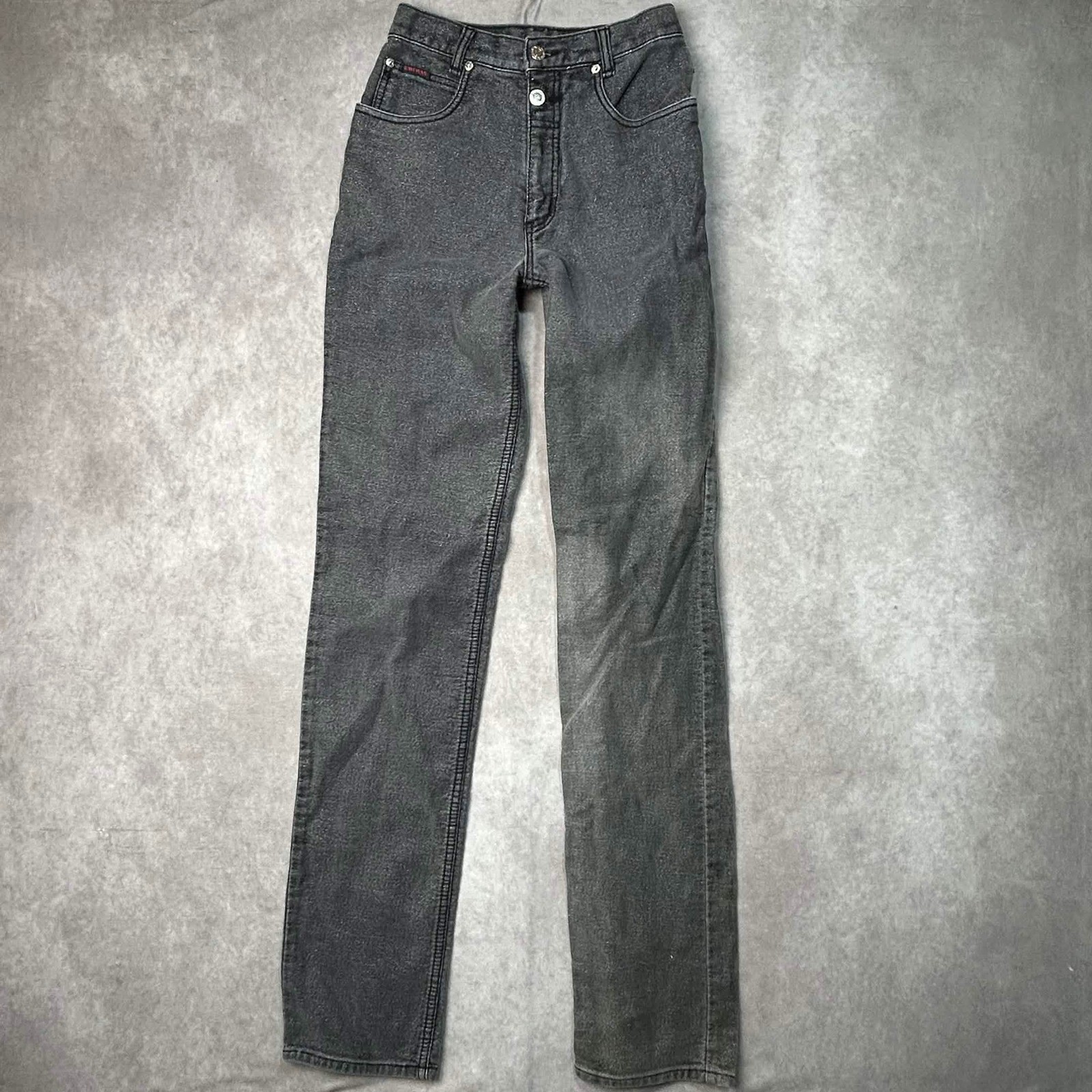 Vtg Lawman Western High Waisted Jeans Washed Black Straight Leg 24″ Hip Detail
