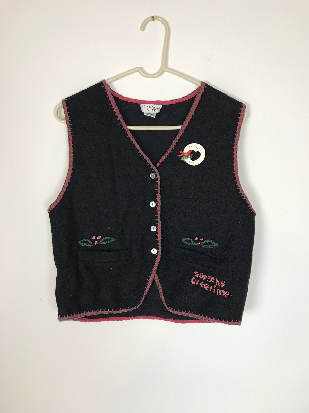 Vintage 1990’s Era CARROLL REED Wool Christmas Vest Button Wreath Folk Art Sz LG