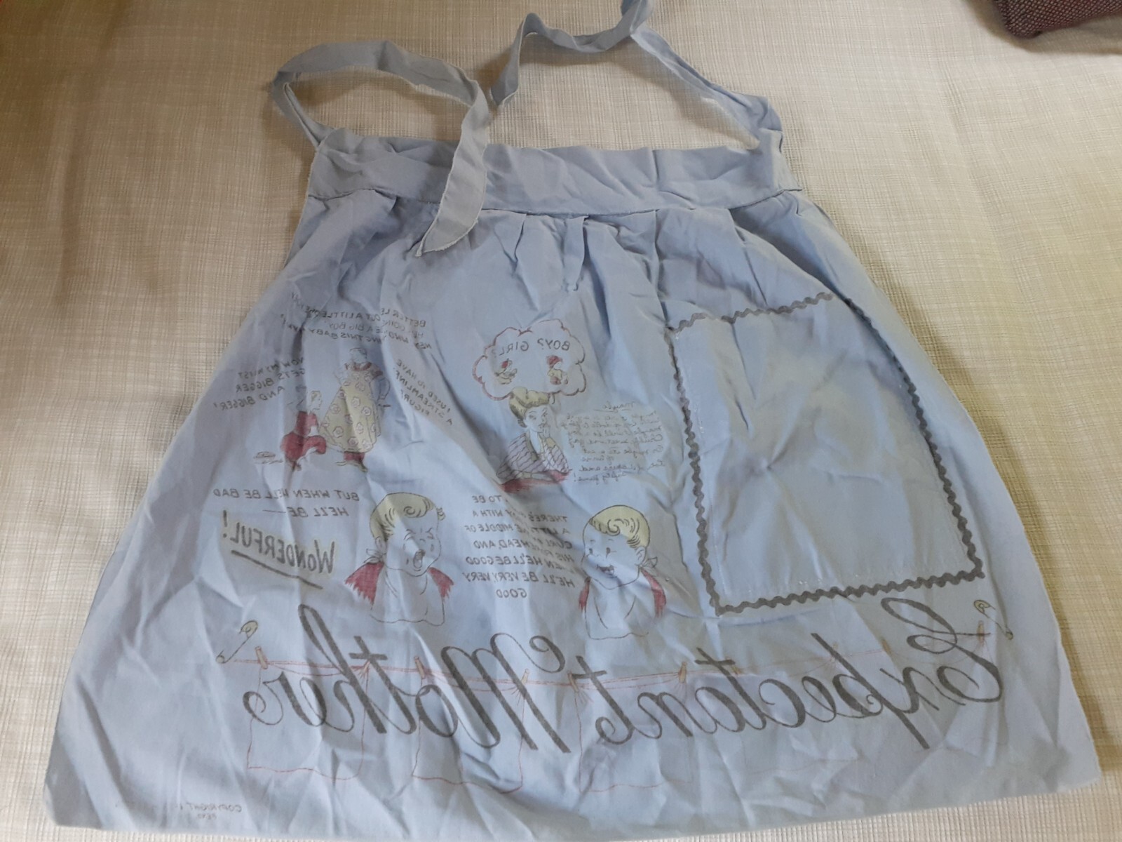 Vintage 1955 M. Setton Blue Expectant mother Comical Apron Baby Shower Gift !!