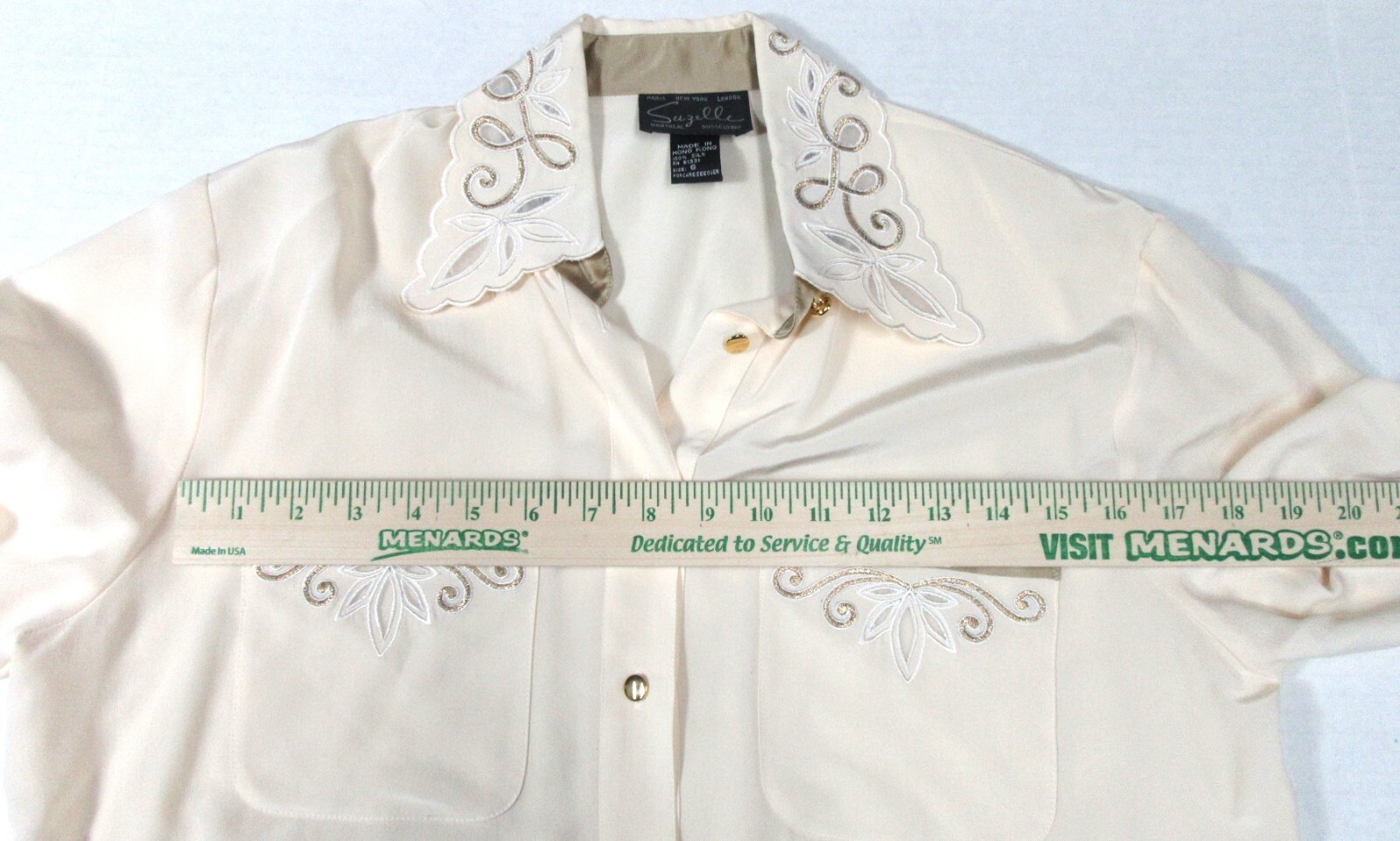VINTAGE SUZELLE BUTTON DOWN SILK BLOUSE EMBROIDERED COLLAR/WRISTS SIZE 6 W/ TAG!