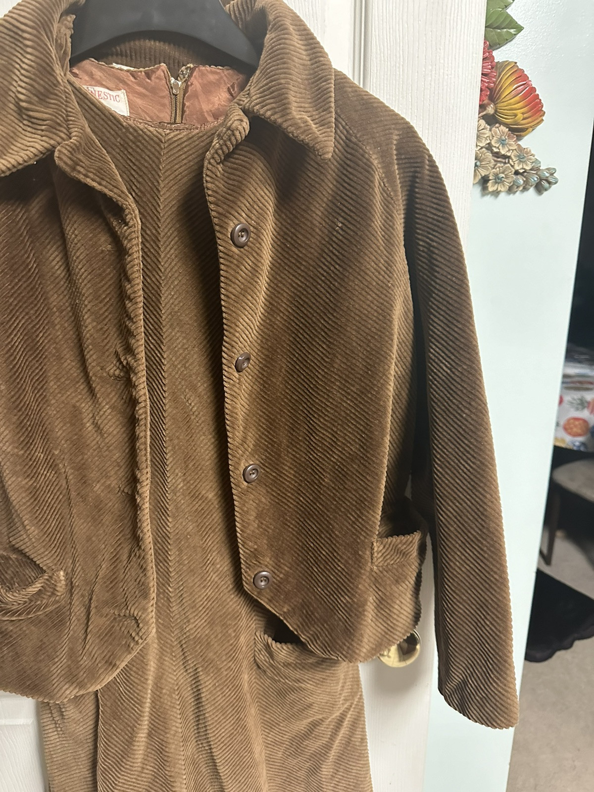 60s 70s Corduroy Dress Jacket Set Majestic Small 36w Brown Mod Grunge A Line