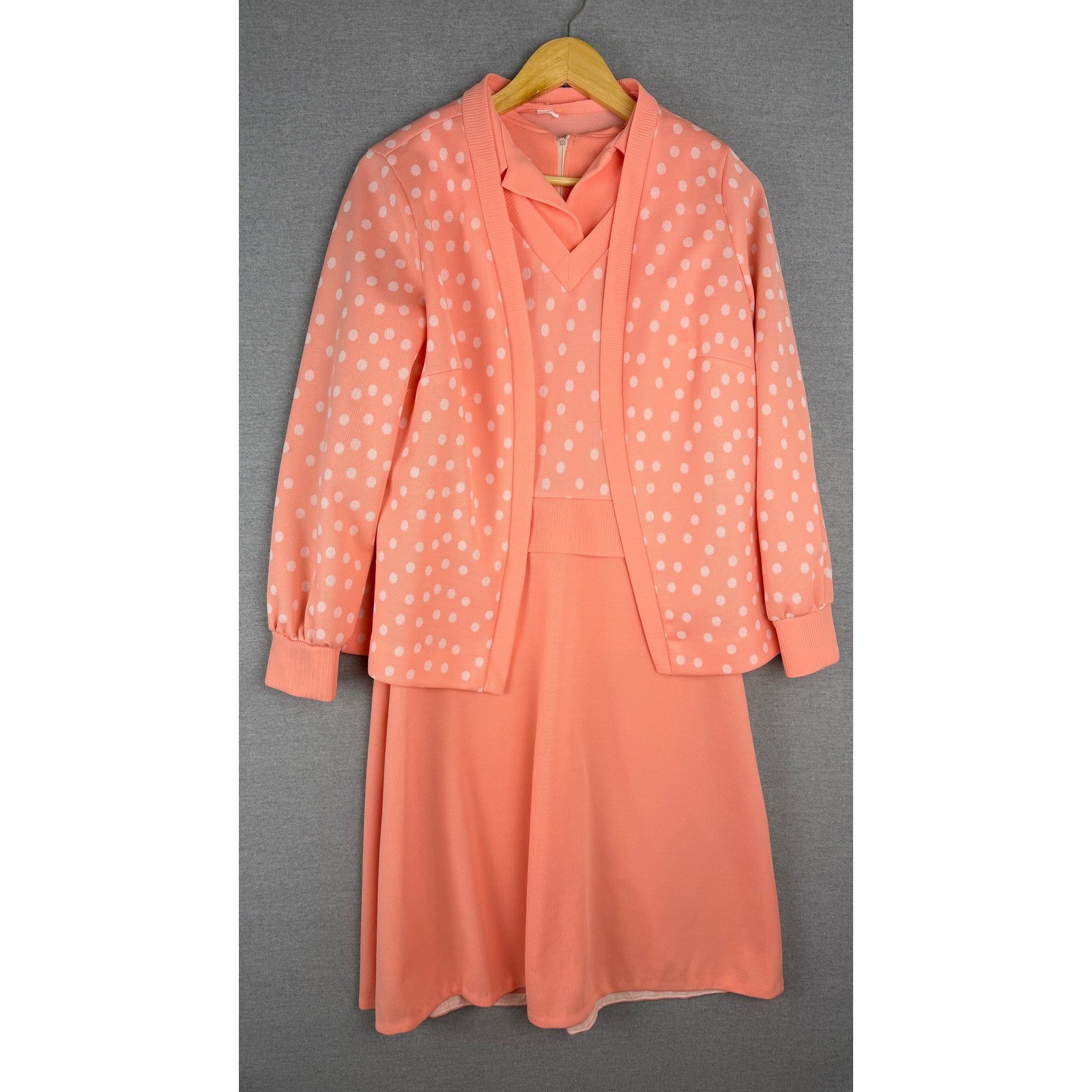 Vintage 1950s 60s Peach Polka Dot Dress and Cardigan Set Retro Mod 2 Piece
