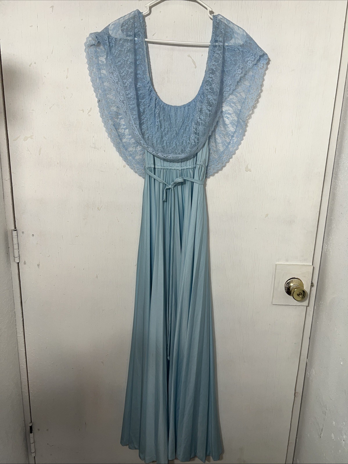Vicky Vaughn Juniors Vintage Lace Off Shoulder Maxi Dress Tie Waist Blue