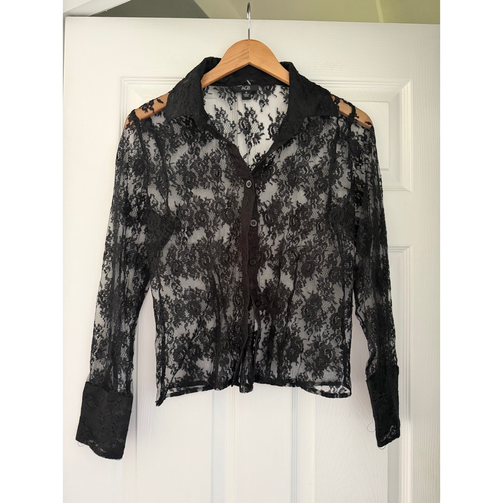 Vintage AGB Womens Sheer Black Long Sleeve Blouse Whimsygoth Romantic Lace