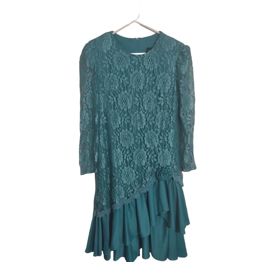 David Rose Vintage teal lace dress Drop waist 1980’s Size Small
