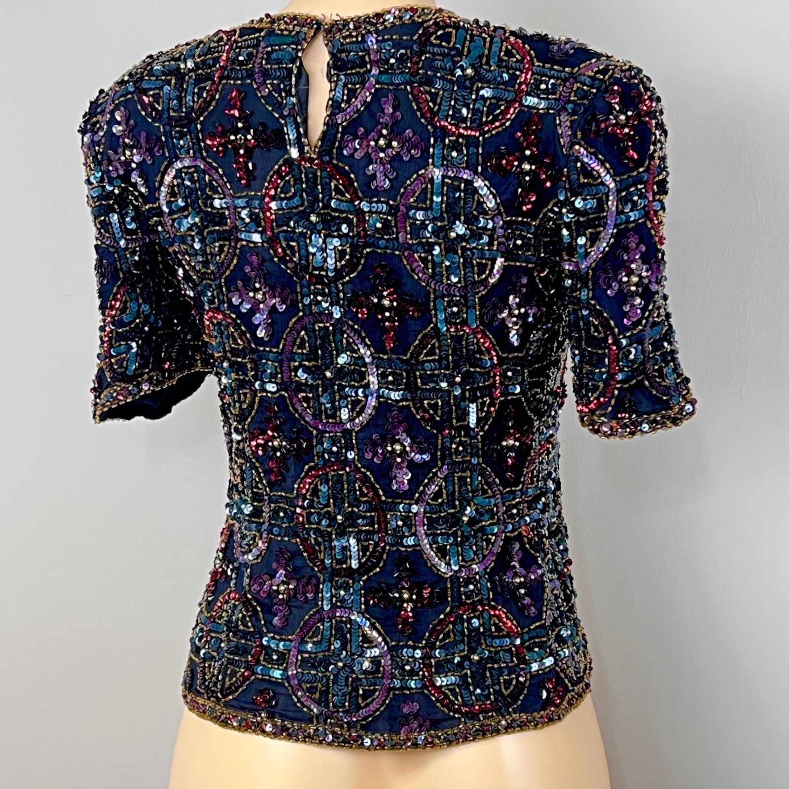 Scala Beaded Sequin Silk Top Womens PM Petite Medium Black Vintage 90s READ