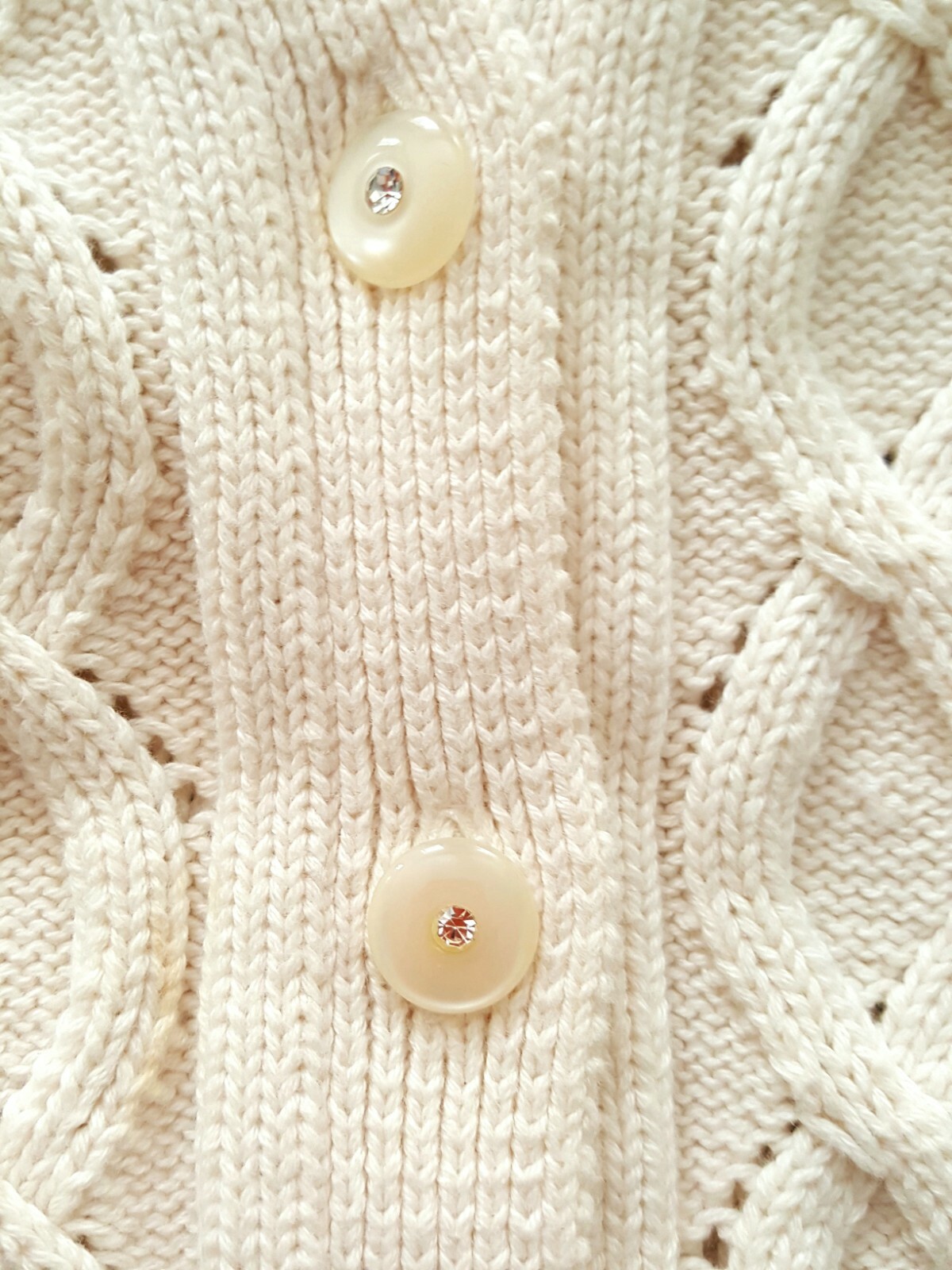 Vintge Jillian Jones Ivory Cotton Sweater Cardigan Rhineston Button M See Measur
