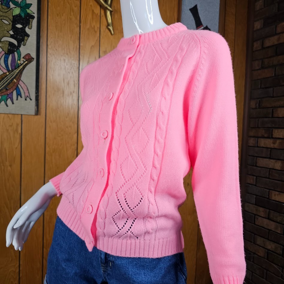 Vtg 60s Bubblegum Pink Grannycore Mod Pointelle Cable Knit Cardigan Sweater S/M
