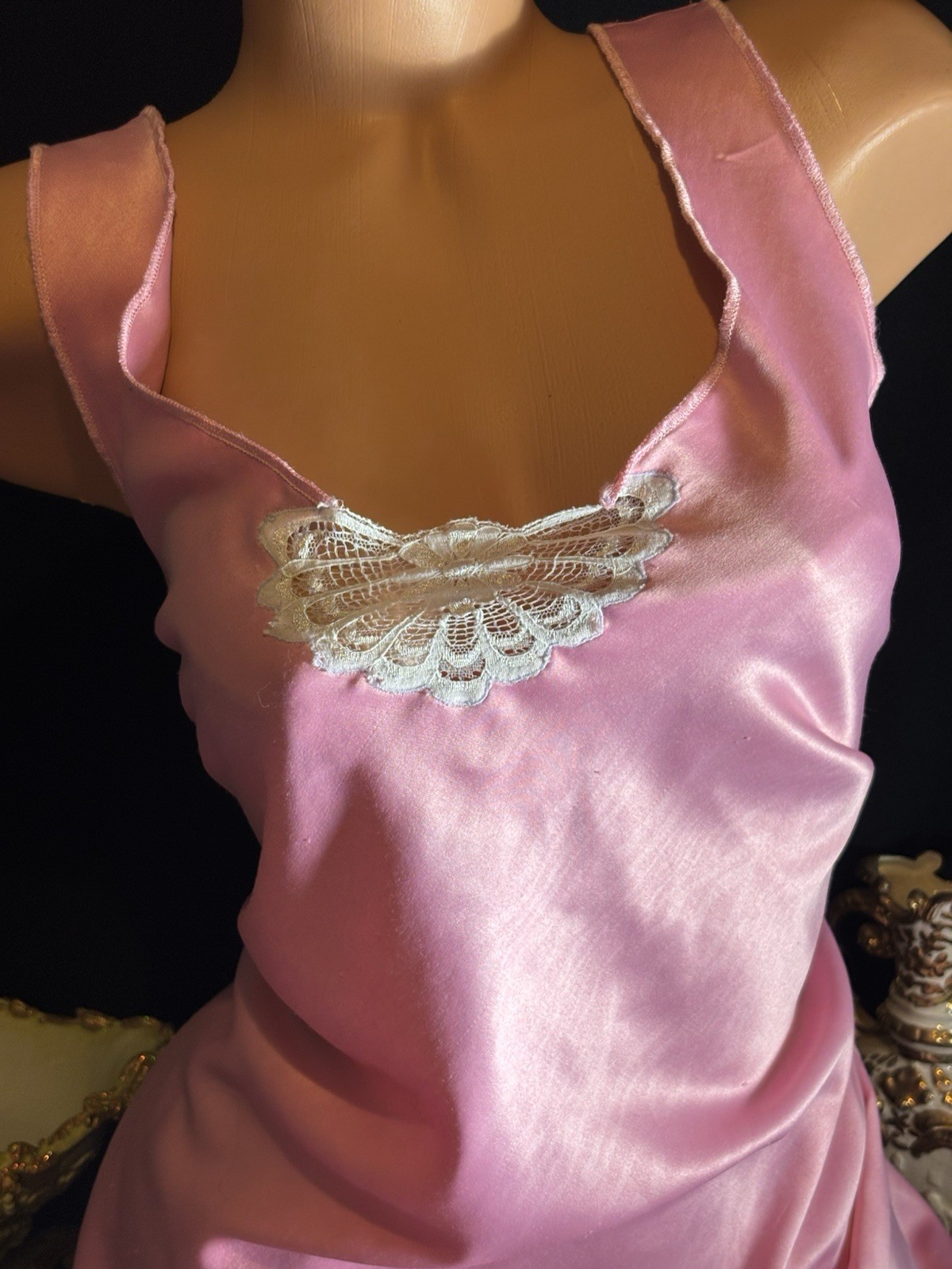 Vtg Satin Soft Pink Anastasia w Strips in gown Nightgown Negligee Gown w Lace