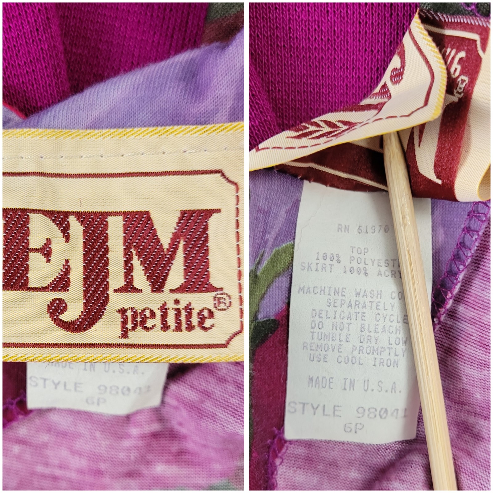Vintage EJM Petites Pink/Purple/Green Floral Top w Magenta Skirt Size 6P