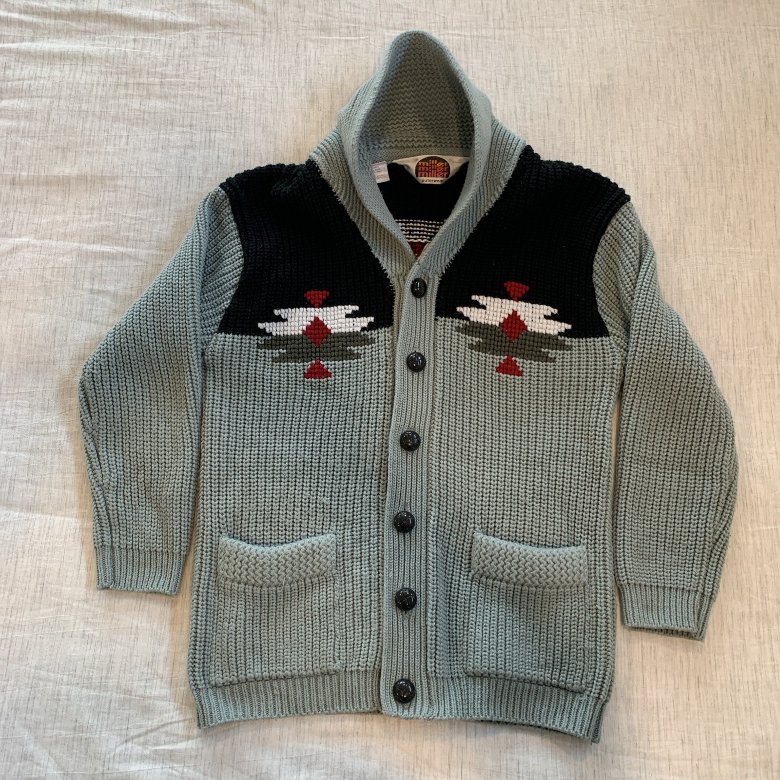 Miller Outerwear VTG 1970s Knit Cardigan Grey/ Blue Ribbed Unisex Sweater Small