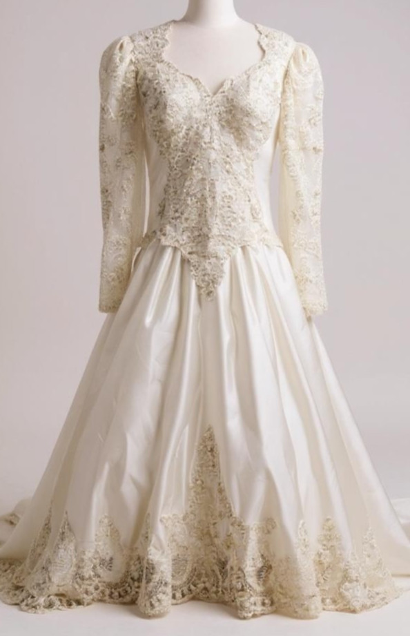 Vintage Mori Lee Wedding Dress Size 12 Satin Lace Pearl Bridal Gown Ivory