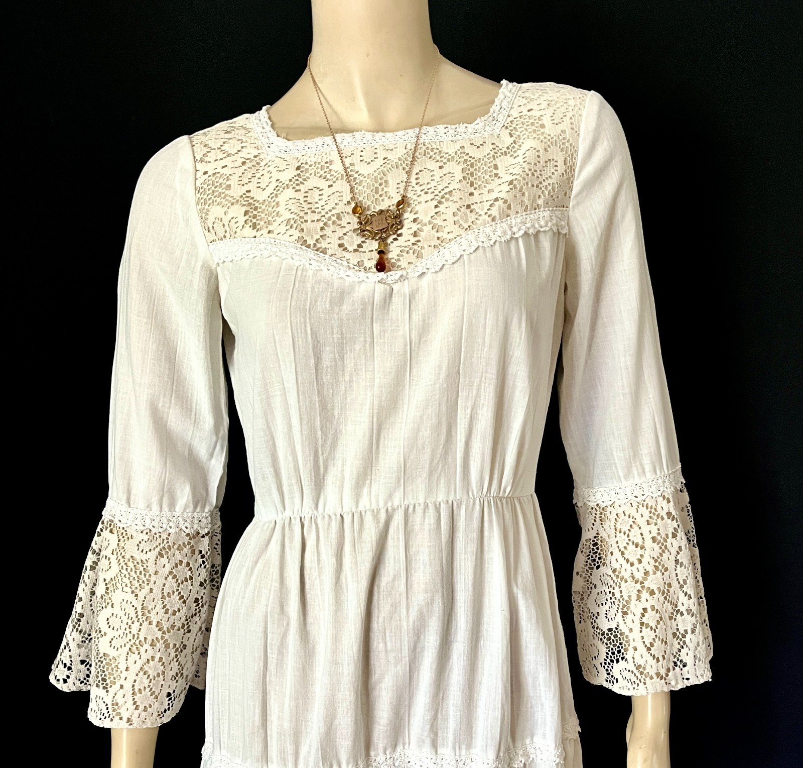 Off White 1970s Cottage Core Renaissance Style Maxi Dress by Peggy Barker, Small