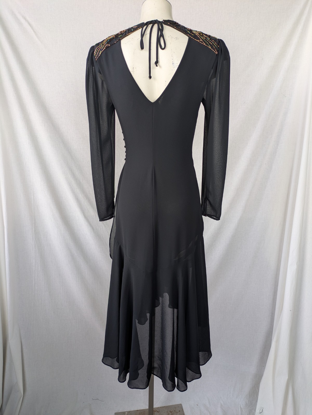 Vintage 80s Casadei Dress Black Hi Lo Hem Ruched Beaded Shoulders Sz 6