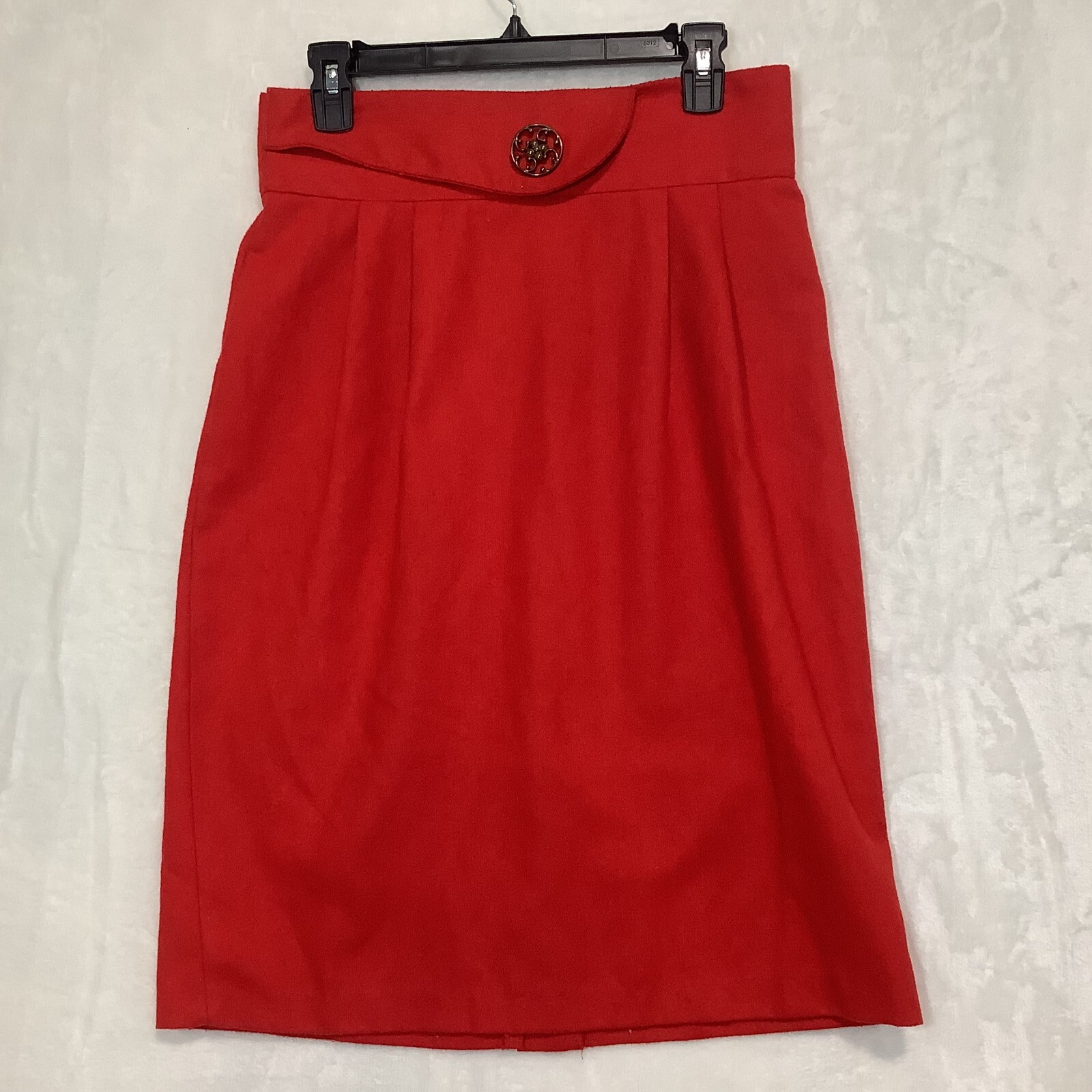 Vintage Wool Ilyza Skirt with Medallion Brooch Kick Pleats Rear Zipper