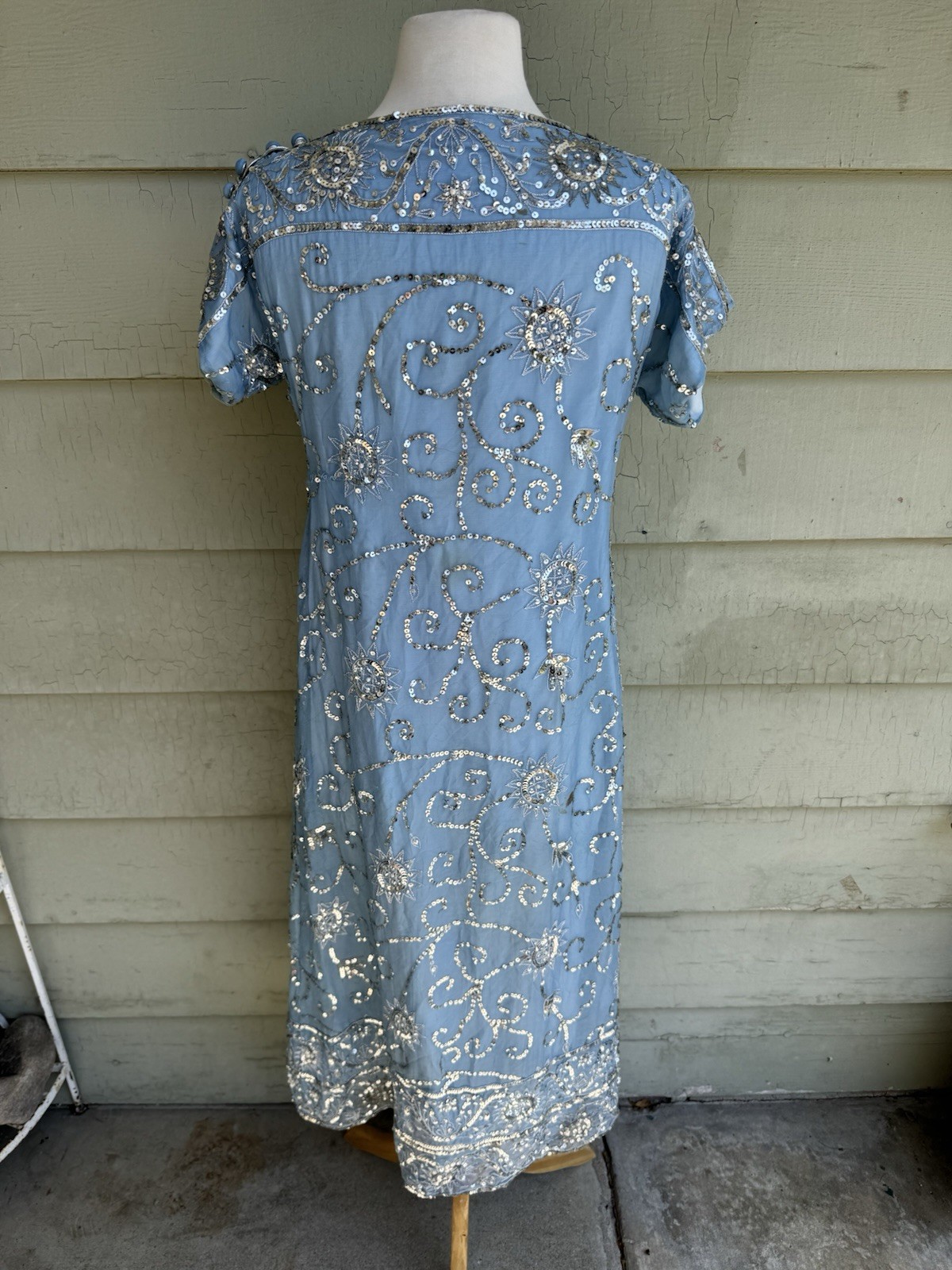 Vtg 60’s Profils Du Monde Beverly Hills Baby Blue Gown Silver Sequins Silk S