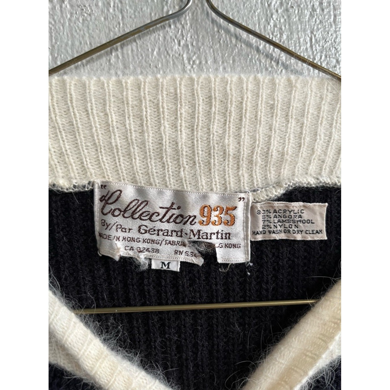 Vintage Angora Blend Knit Sweater Black + Cream Contrast Colorblock Size M