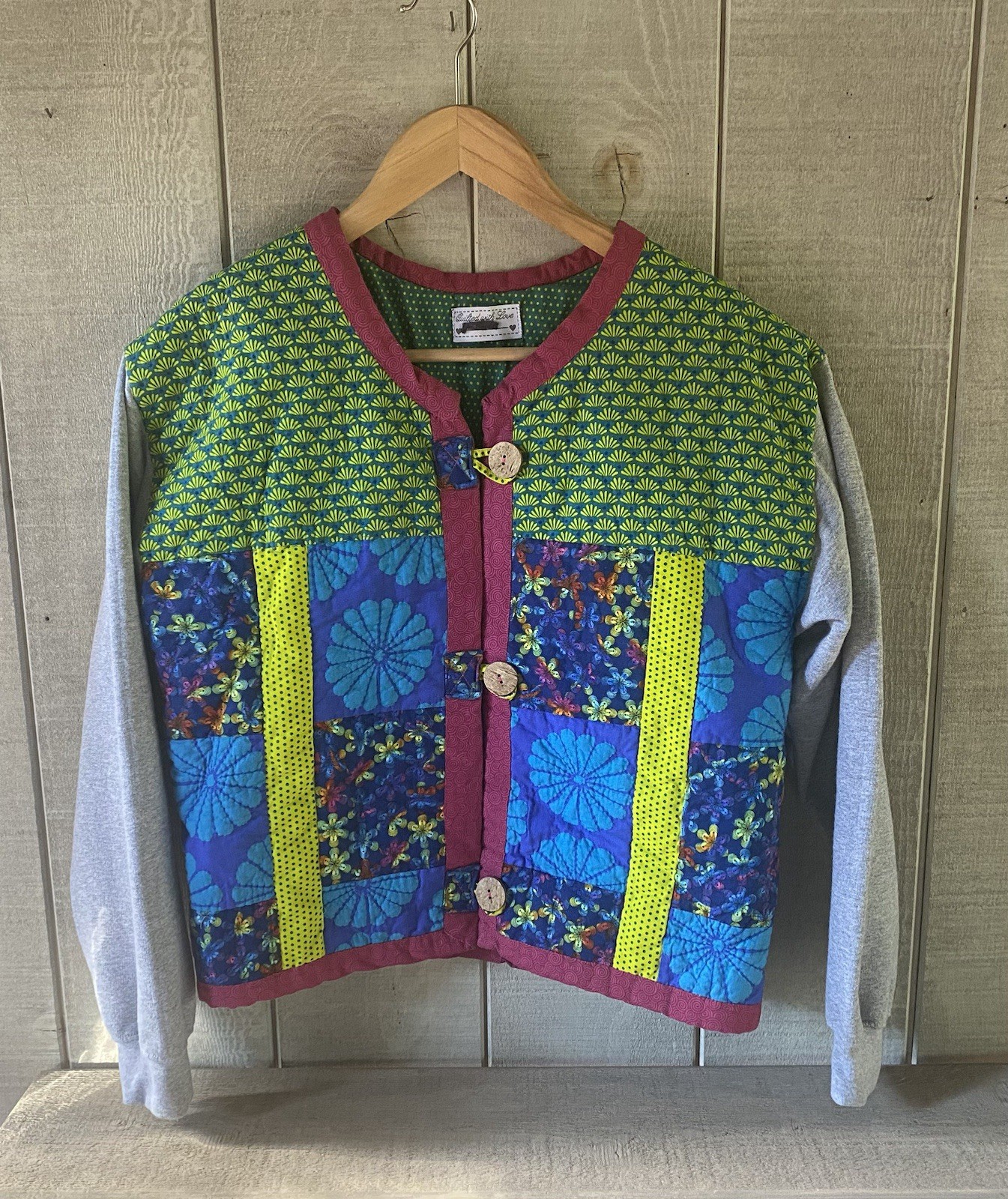 Vintage Quilted Jacket Handmade Upcycle with Sweatshirt Sleeves Small-Medium