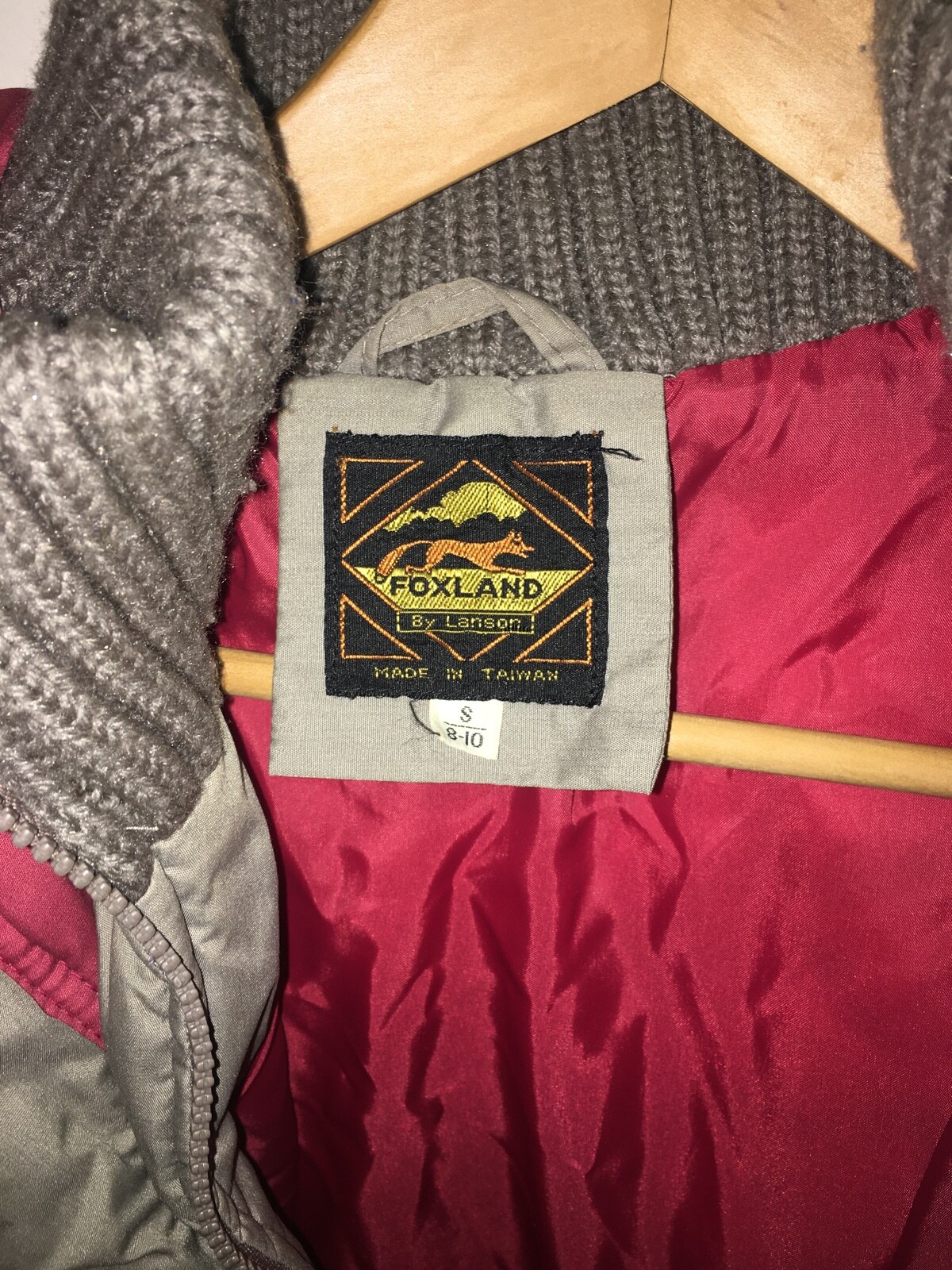 VTG Foxland by Lanson Down Puffer Quilted Coat 80s Gray Maroon Hood Womens Sz S