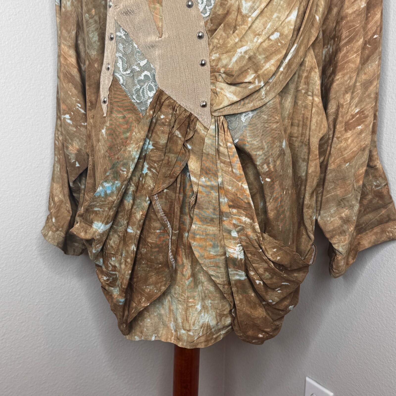 VTG MON-LIZE 80s Tunic Top MED/LG Mixed Media Made France Brown Artsy Lagenlook