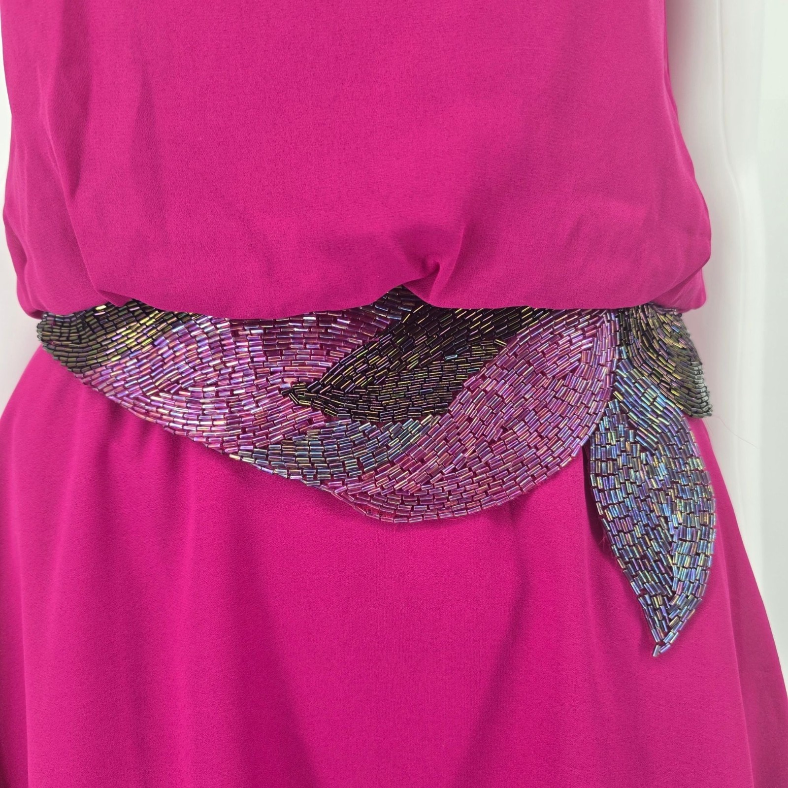 Vintage 1980s Denise Fashions Magenta Chiffon Bugle-Bead Applique Dress (S)