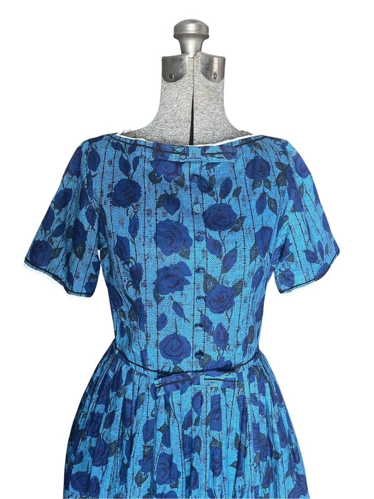 Vintage 1950’s Jewel Tone Blue Rose FULL SKIRT Party Rockabilly Easter Dress