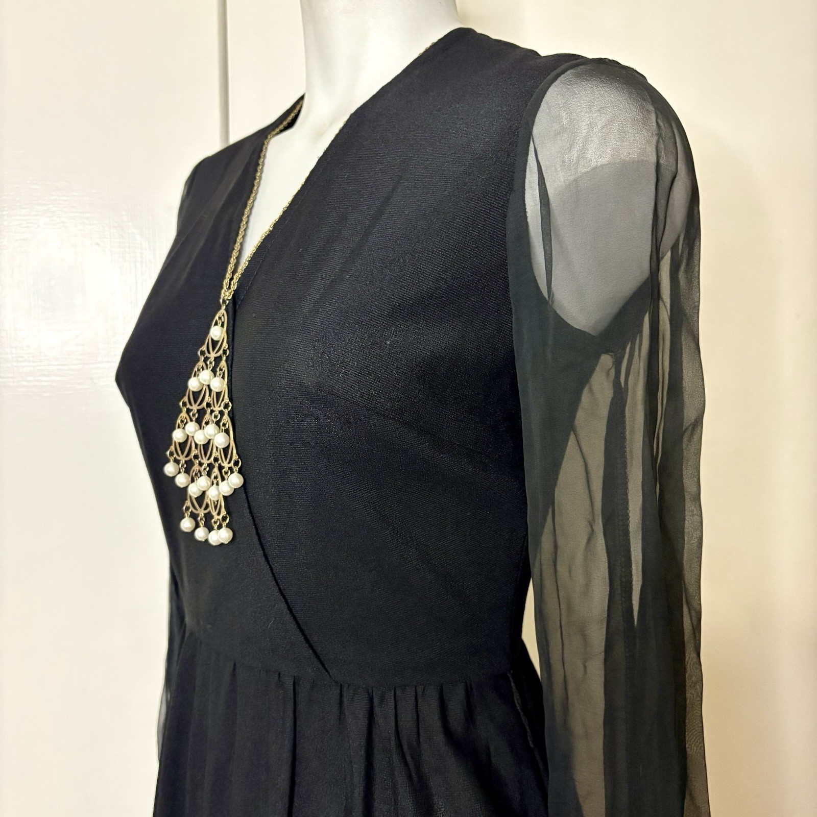Vintage JC Penney Fashions 60s Womens Black Floral Maxi Dress Sheer Sleeves